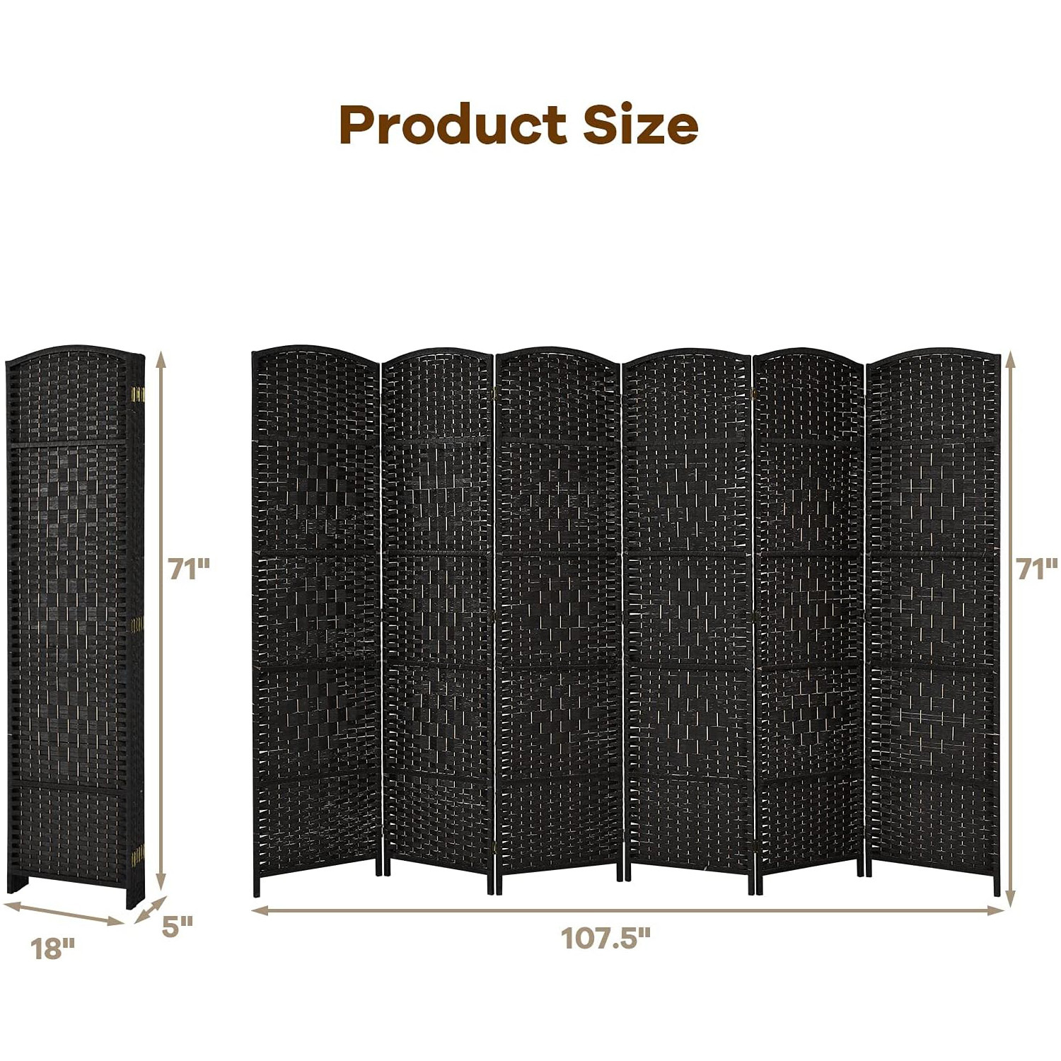 Costway 6 Panel 6 Ft Tall Room Divider, Freestanding Wood Partition Room Divider Panel with Hand-Made Woven Paper Fiber, Room Dividers and Folding Privacy Screens for Bedroom, Small Space, Black/Brown