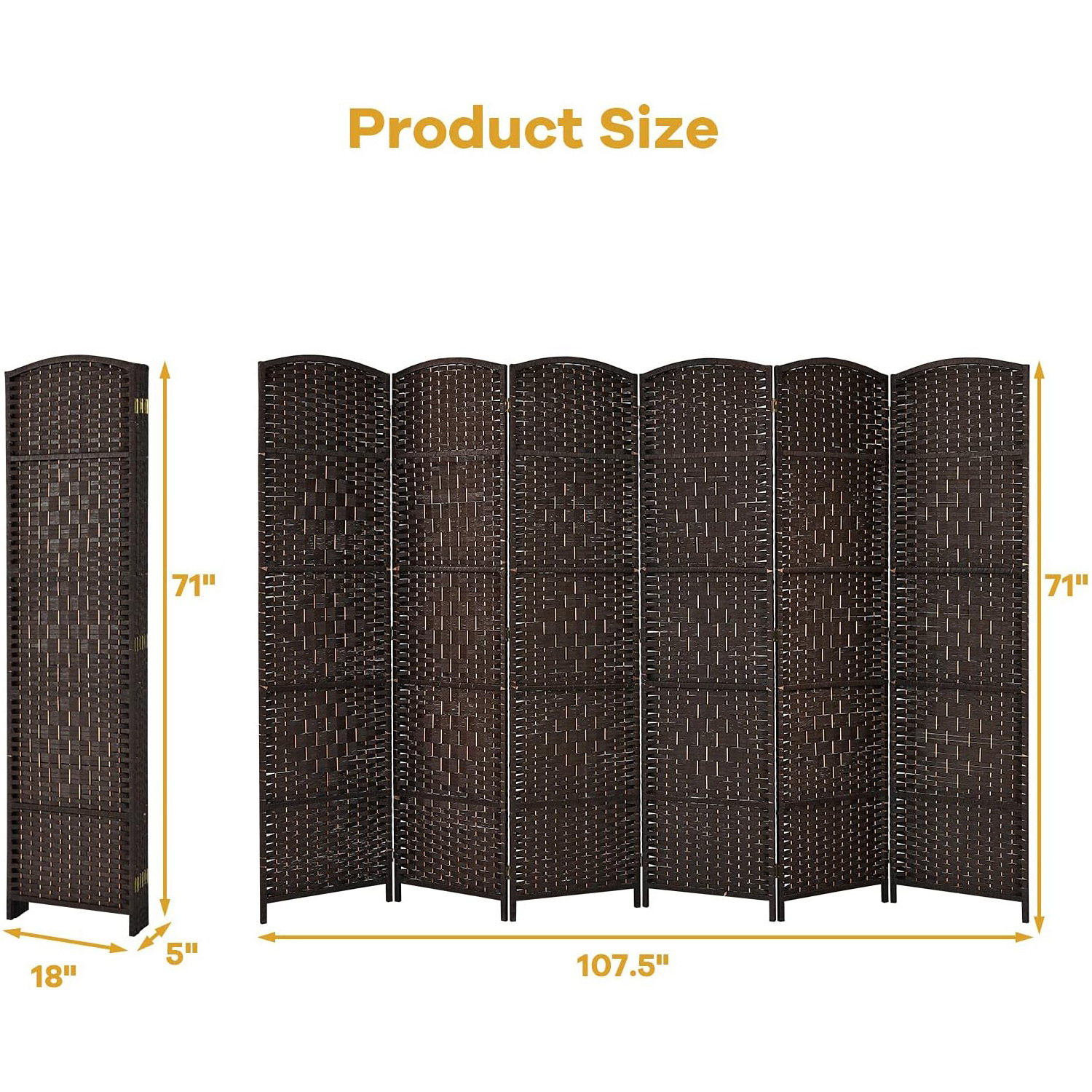 Costway 6 Panel 6 Ft Tall Room Divider, Freestanding Wood Partition Room Divider Panel with Hand-Made Woven Paper Fiber, Room Dividers and Folding Privacy Screens for Bedroom, Small Space, Black/Brown