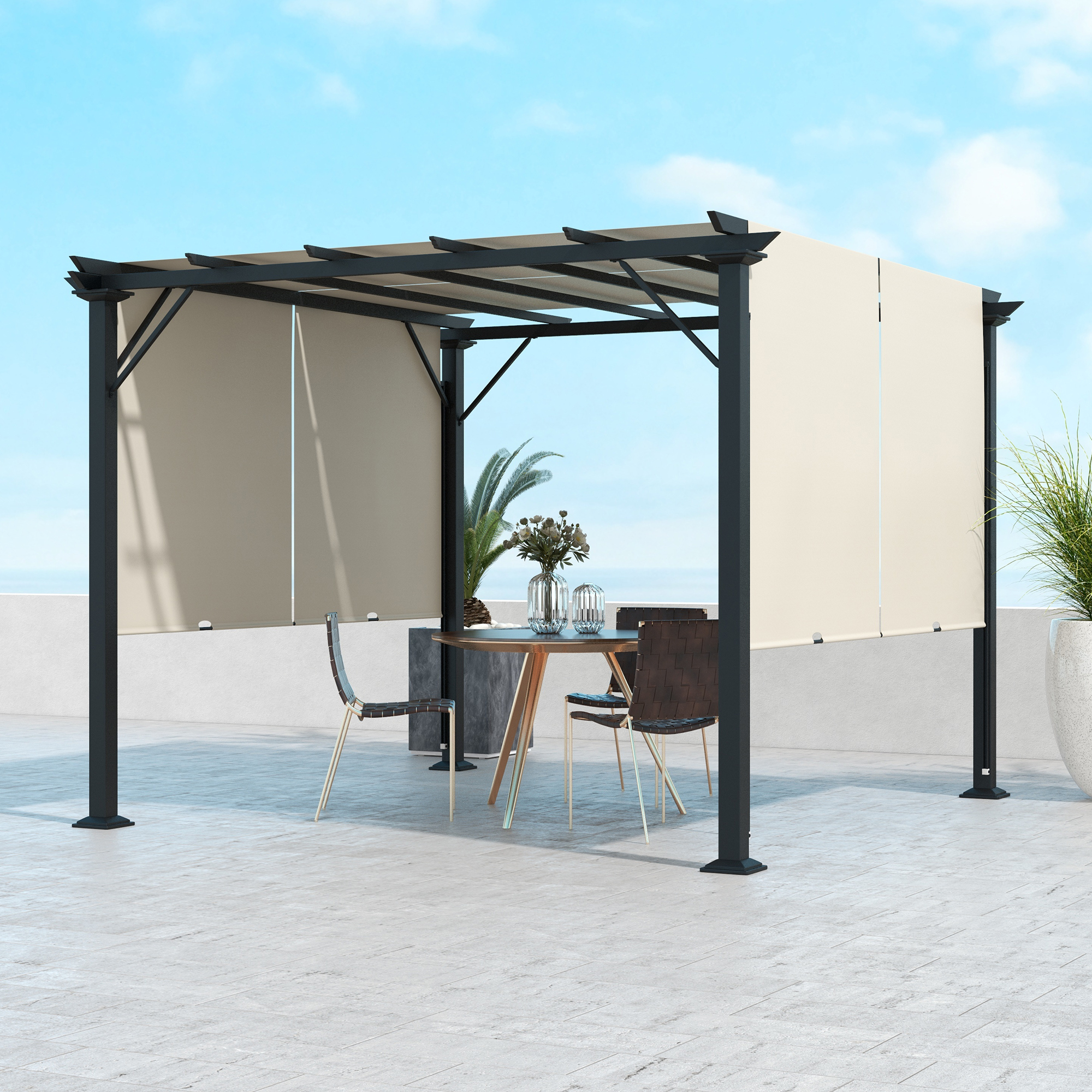 

Outsunny 10' X 10' Retractable Pergola Canopy, Outdoor Gazebo With Sun Shade Canopy And Steel Frame, For Backyard, Garden, Patio, Deck, Beige