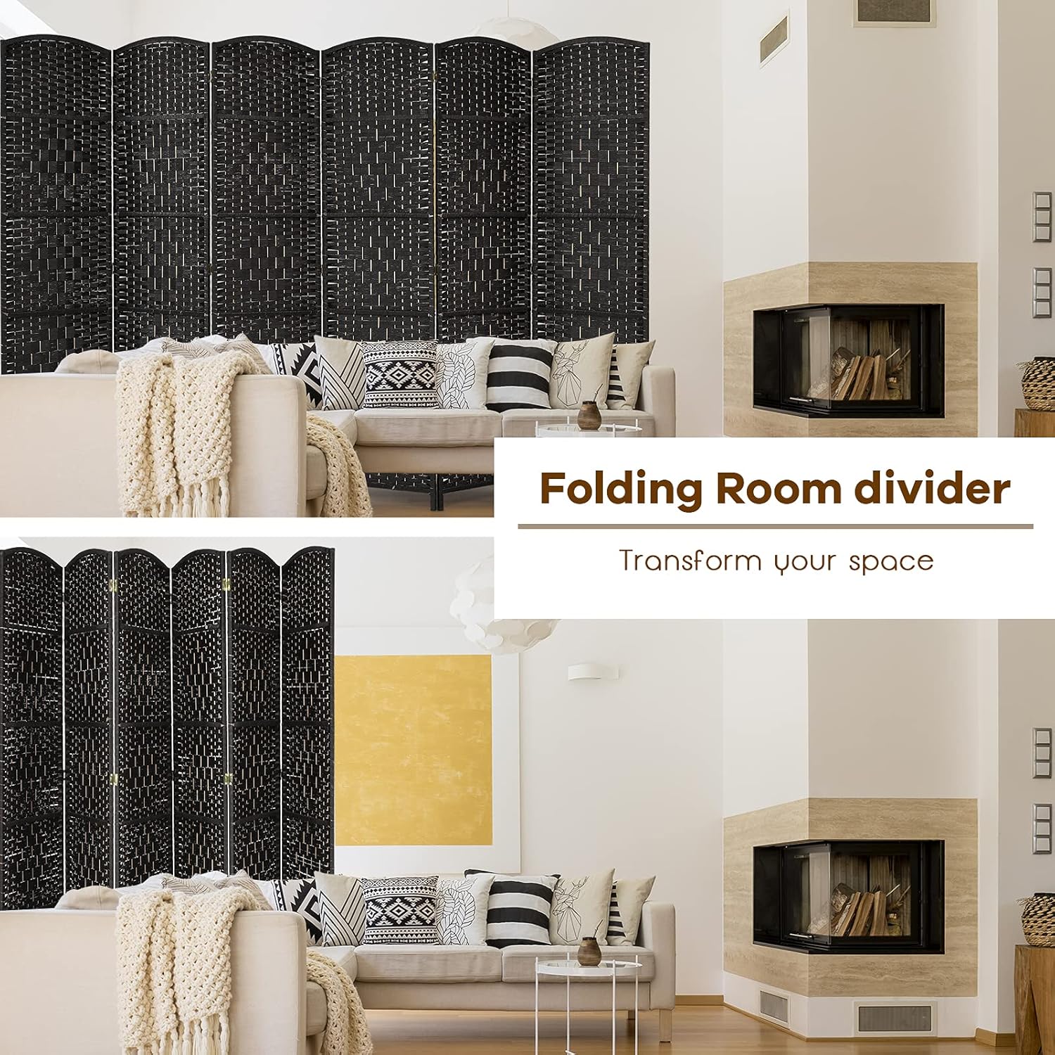 Costway 6 Panel 6 Ft Tall Room Divider, Freestanding Wood Partition Room Divider Panel with Hand-Made Woven Paper Fiber, Room Dividers and Folding Privacy Screens for Bedroom, Small Space, Black/Brown