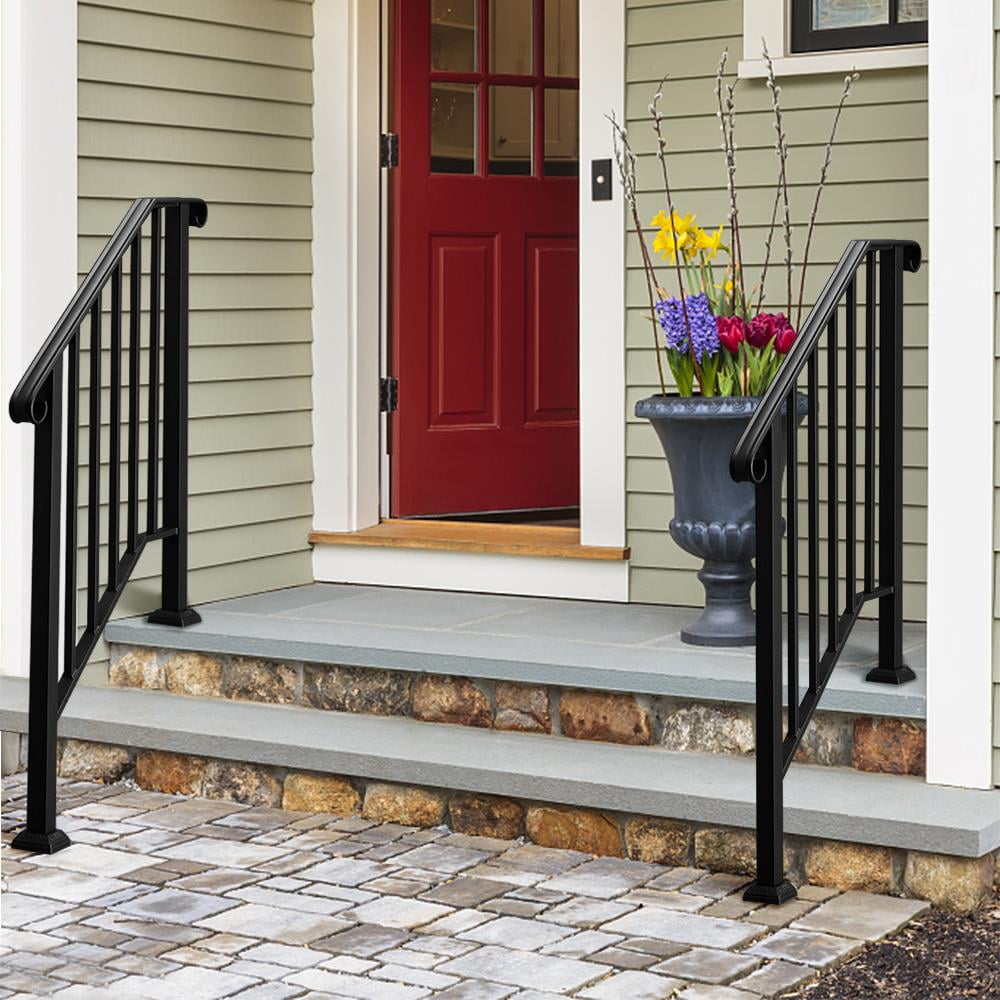 

38 Inch Handrail For Stairs Fits 2 Or 3 Steps Outdoor Stair Railing Picket Black Wrought Iron Handrail Black/white