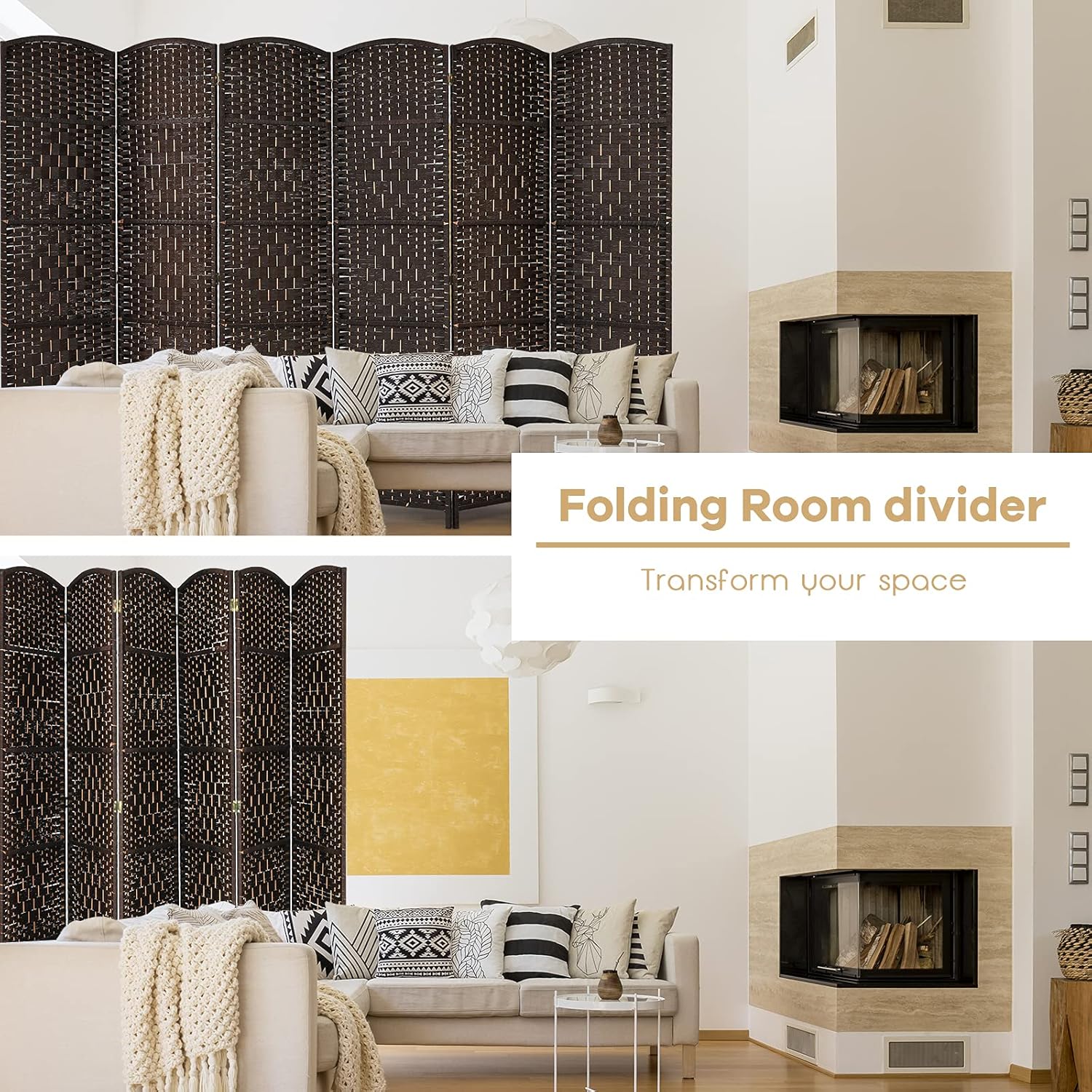 Costway 6 Panel 6 Ft Tall Room Divider, Freestanding Wood Partition Room Divider Panel with Hand-Made Woven Paper Fiber, Room Dividers and Folding Privacy Screens for Bedroom, Small Space, Black/Brown