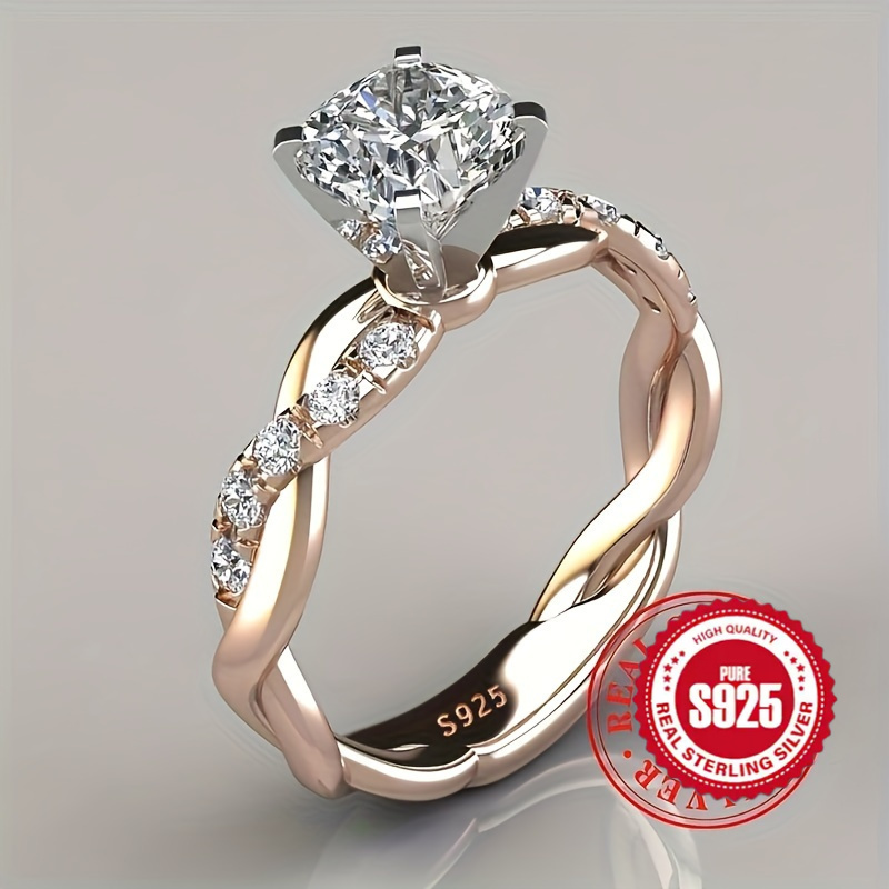 

S925 Sterling Silver Dual Tone Twisted Halo Ring With 4-point Cubic Zirconia Decoration, Suitable As An Elegant Engagement Ring And Women's Jewelry Gift