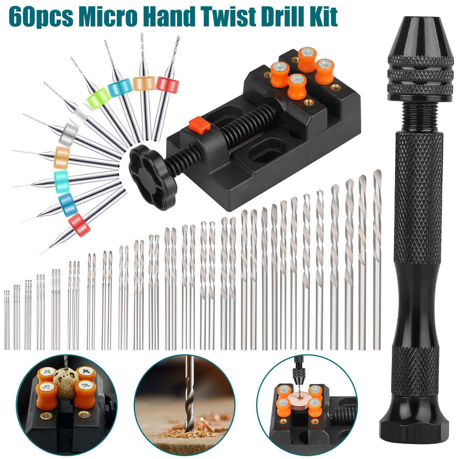 

60pcs Pin Vise Hand Drill Bits Kit, Micro Twist Wood Drill Bits, Pin Bench Vice Tool, For Resin Polymer Diy Jewelry Making