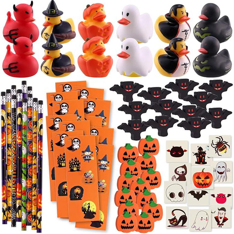 

156 Piece Halloween Party Favors Assortment 72 Halloween Glitter Tattoos 48 Halloween Erasers 12 Halloween Ducks 12 Halloween Sticker Sheets 12 Halloween Pencils