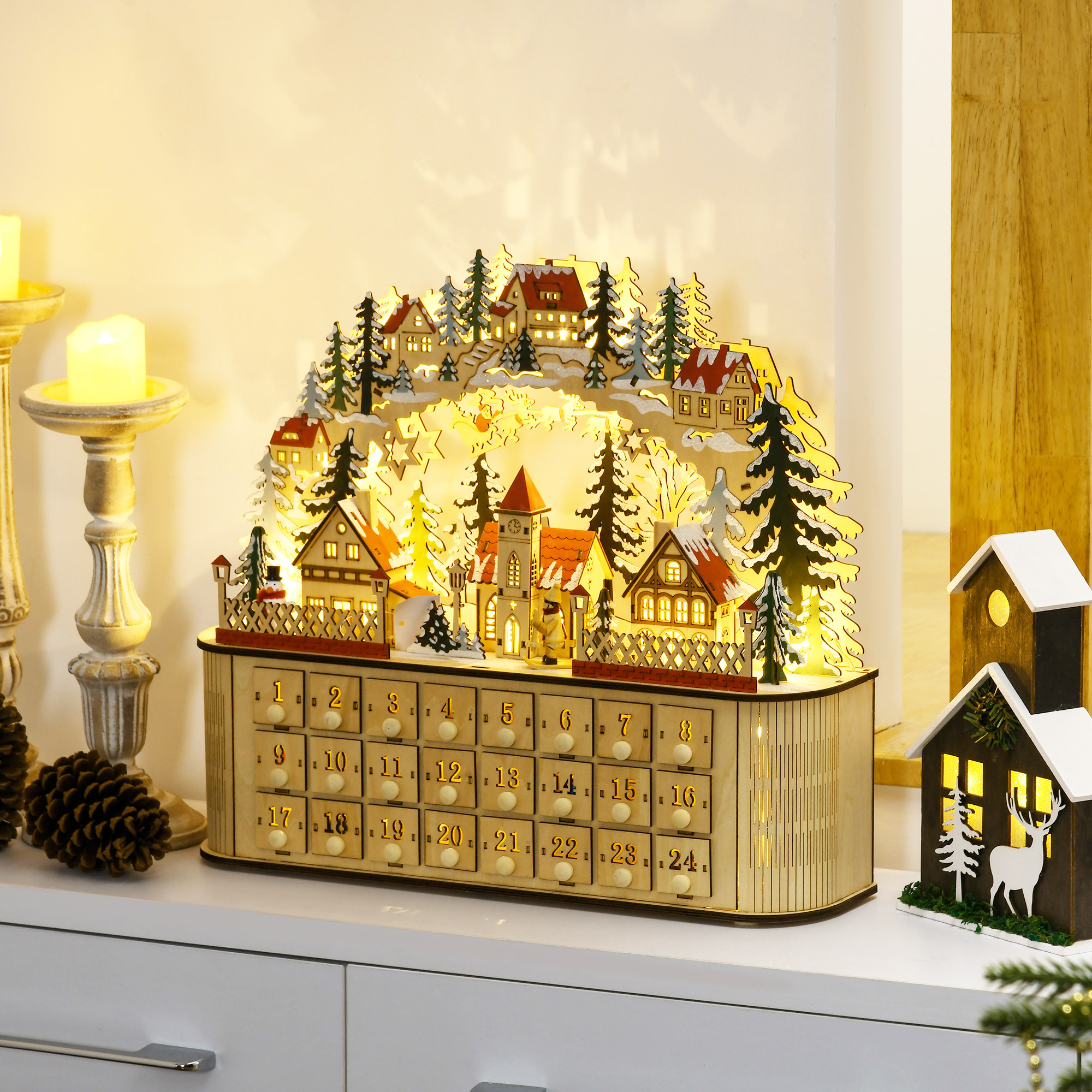 

Homcom Wooden Christmas , Up Table Decoration 24 Drawers And Led Lights For Kids And Adults, Battery Operated,