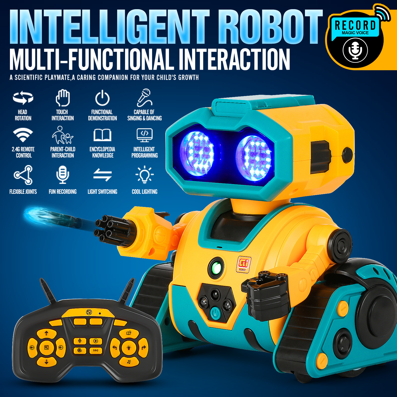 RC Robot for Kids with Facial Expression AI Interactive Intelligent Remote Control Smart Robo with Magic Voice Record LED eyes Gesture Induction Programming Touch Induction Robot Gift for Kids