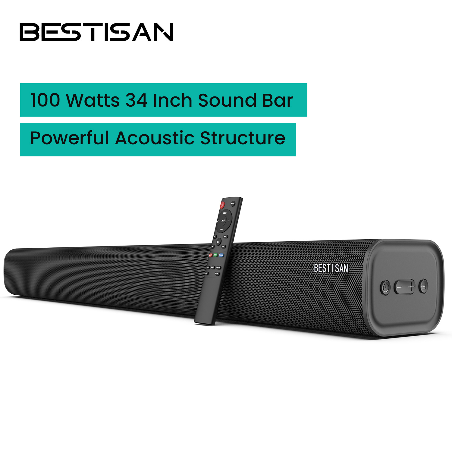 

Bestisan 100w Sound Bars For Tv, With Wireless Bt, Arc, Optical, Aux , 3 Audio , Bass Adjustable, Wall Mountable, Soundbar Sound System For Tv Speakers, Home Theater, Projectors