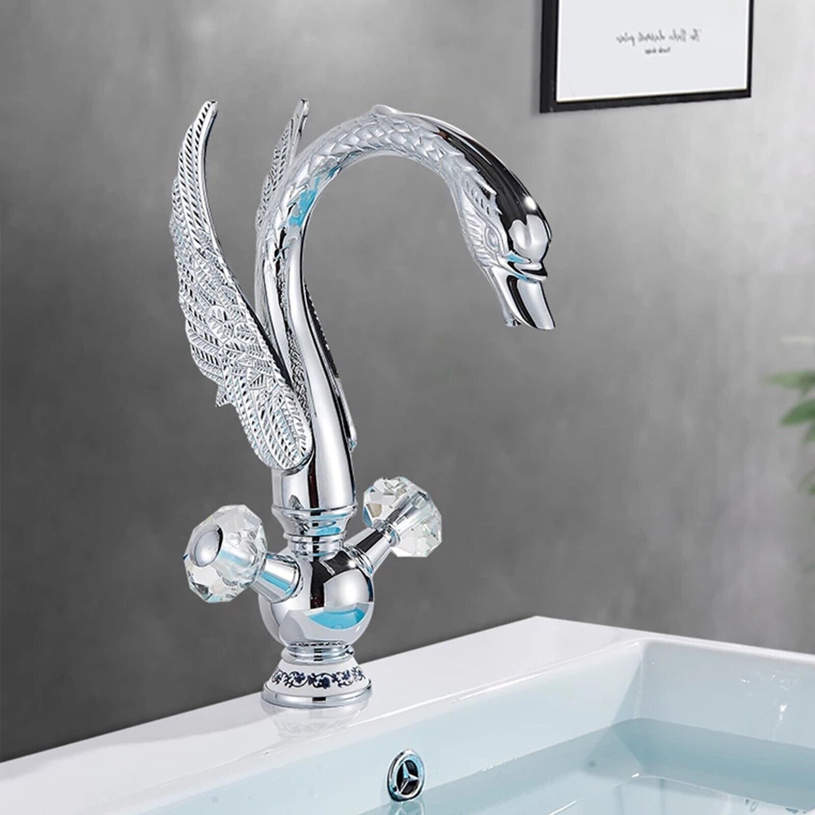 

Bathroom Faucet Gold, Solid Brass Swan Style Basin Faucet Crystal Double Handles Deck Mounted Bathroom Sink Faucet, Hot Cold Mixer Faucet