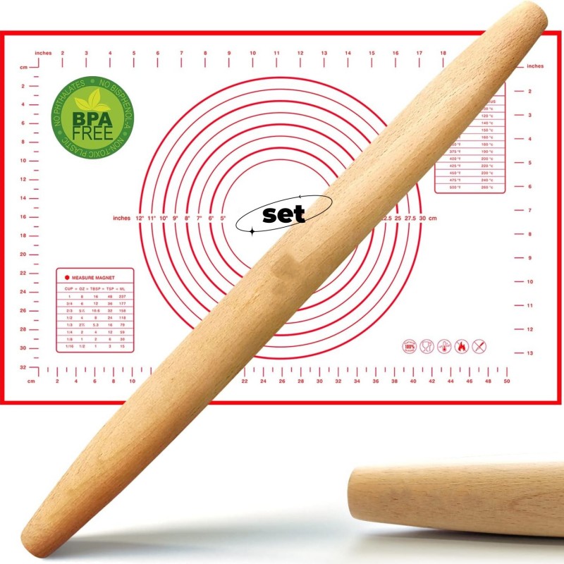 

Rolling Pin And Baking Mat Cover For Baking Pizza Making, Wooden Rolling Pin 17 Inches And Pastry Mat Best For Pie , Cookies, Pasta And Pizza Dough