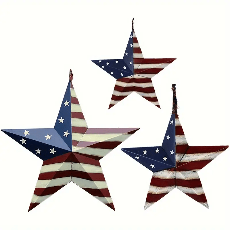 

3 Pcs Patriotic Metal Barn Indoor Hanging Wall Decor Star Ornaments 4th Of Decoration Country Style With Size Small 12" & Medium16.5" & Large 22