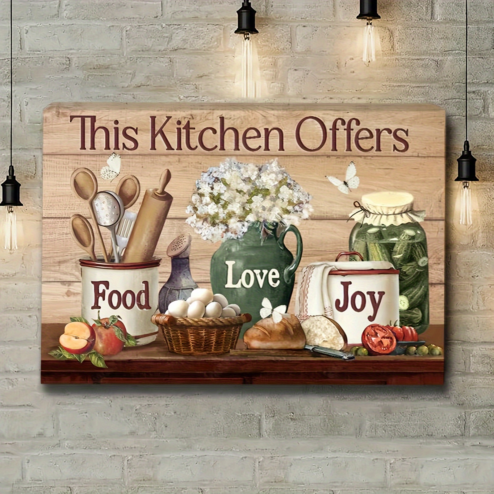 

1pc Vintage Wooden Framed Wall Art - Distressed White Flower, Kitchen Utensils Print - Ready To Hang Decor For Bedroom, Living Room, Dining Room, Kitchen, Office, And Home