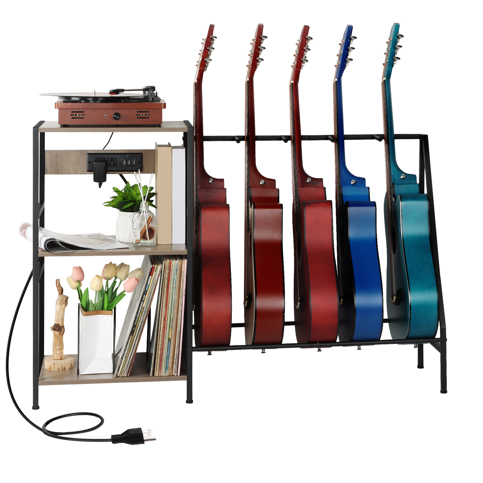 

Electric Guitar Stand With Built-in Charging Station And Grey End Table Storage - 3 Tier Rack For Guitars, Vinyl Records, And Music Display Room