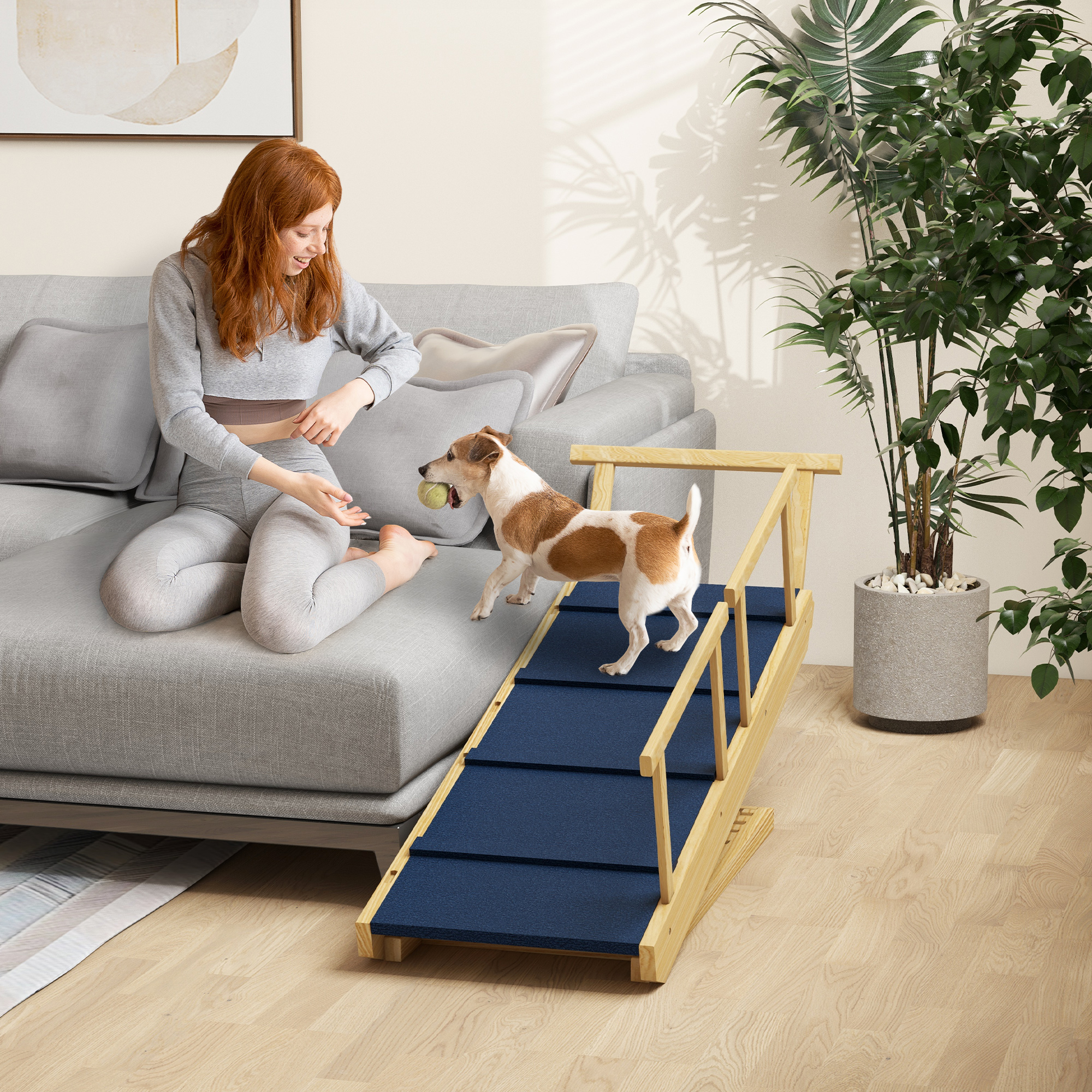 TEMU Pawhut Dog Ramp, Adjustable 4 Height Pet Ramp, Foldable Wooden Dog Stairs With Non-slip Mat For Small To Large Dogs To Get On High Bed Or Sofa Couch, Natural Wood Finish