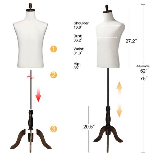 male dress form with wooden tripod stand adjustable height torso body for and sewing