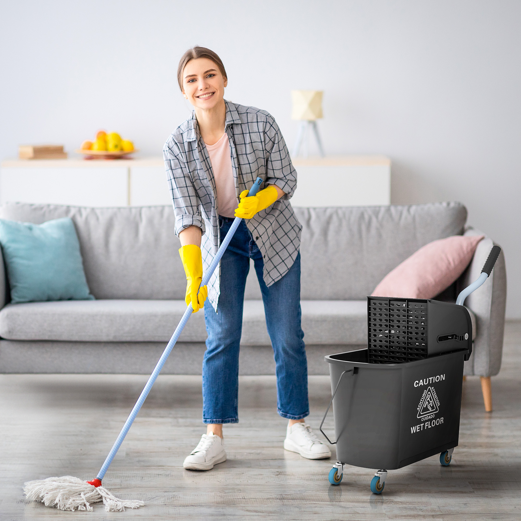 TEMU Homcom Mop Bucket With Wringer On Wheels For Floor Cleaning, 21 Quart, Separate Dirty And