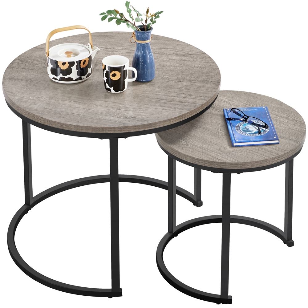 

Nesting Coffee Table With Round Wooden Tabletop, Set Of 2 Nesting Table, Sturdy Metal Base, Nesting End Table Set For Living Room