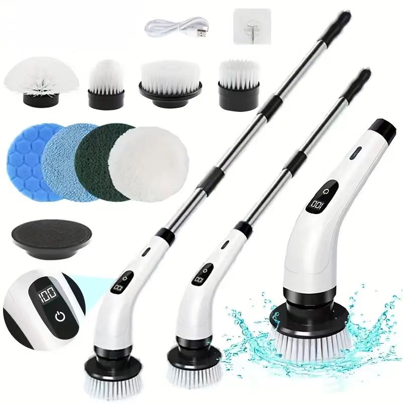 

Cleaning Brush Electric Spin Scrubber With 3 Speed Settings, Cordless And Adjustable Handle, Includes 8 Replaceable Brush Heads For Floor, Bathroom, Tub, And Tile Cleaning