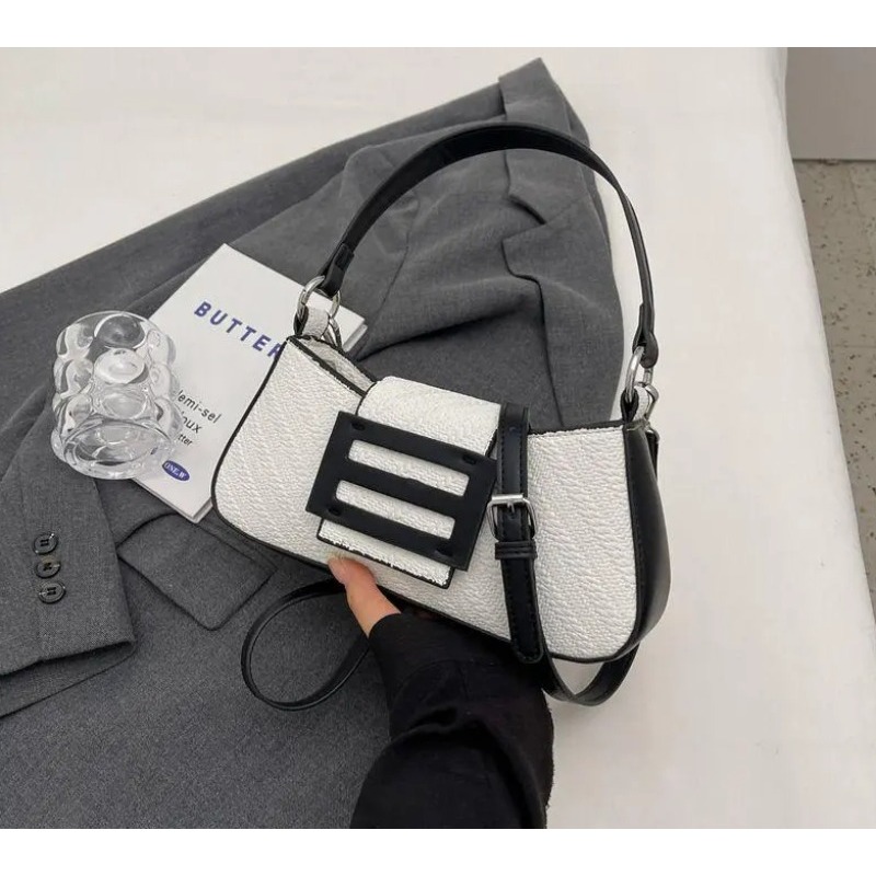 

High Quality Women's Pu Patchwork Party Handbag, Fashionable Denim Design Shoulder Bag, Elegant And Chic Fashion Striped Shoulder Bag, Contrast Color Versatile Commuter Messenger Bag