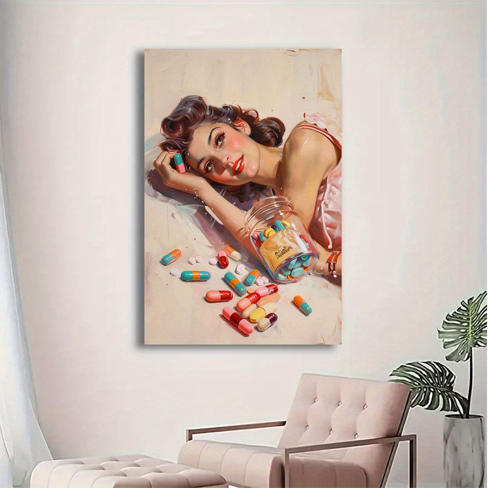 

Ipc, Abstract Canvas Wall Art, Woman With Pills - Modern Decorative Parcel Frame Print For Living Room, Bedroom, Studio, Hallway, Contemporary Artwork For Home Decoration