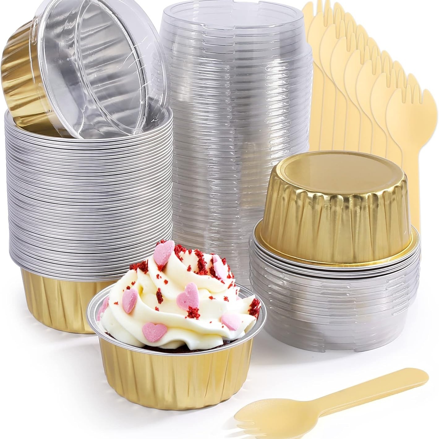 

Lotfancy Aluminum Foil Baking Cups With Lids And Spoons, 5oz/125ml, 50pcs Disposable Creme Brulee Ramekins, Oven Safe Aluminum Cupcake Liners Containers, Gold