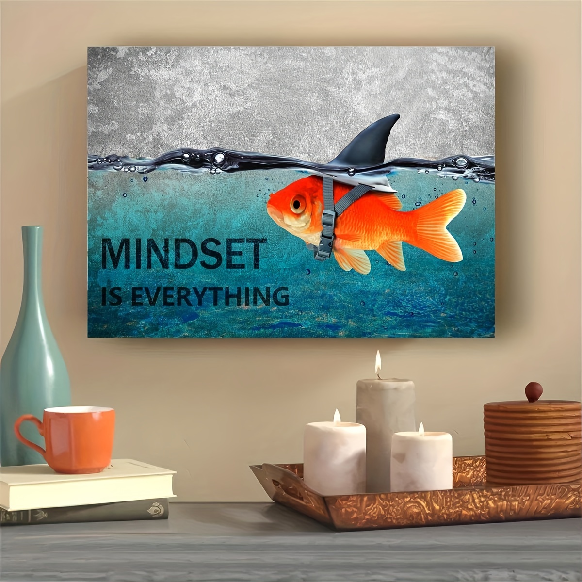 

1pc Inspirational Canvas Wall Art Quotes Abstract Blue Goldfish Shark Pictures Posters Painting On Canvas Motivational Entrepreneur Artwork Bathroom Bedroom Office Decor With A Frame