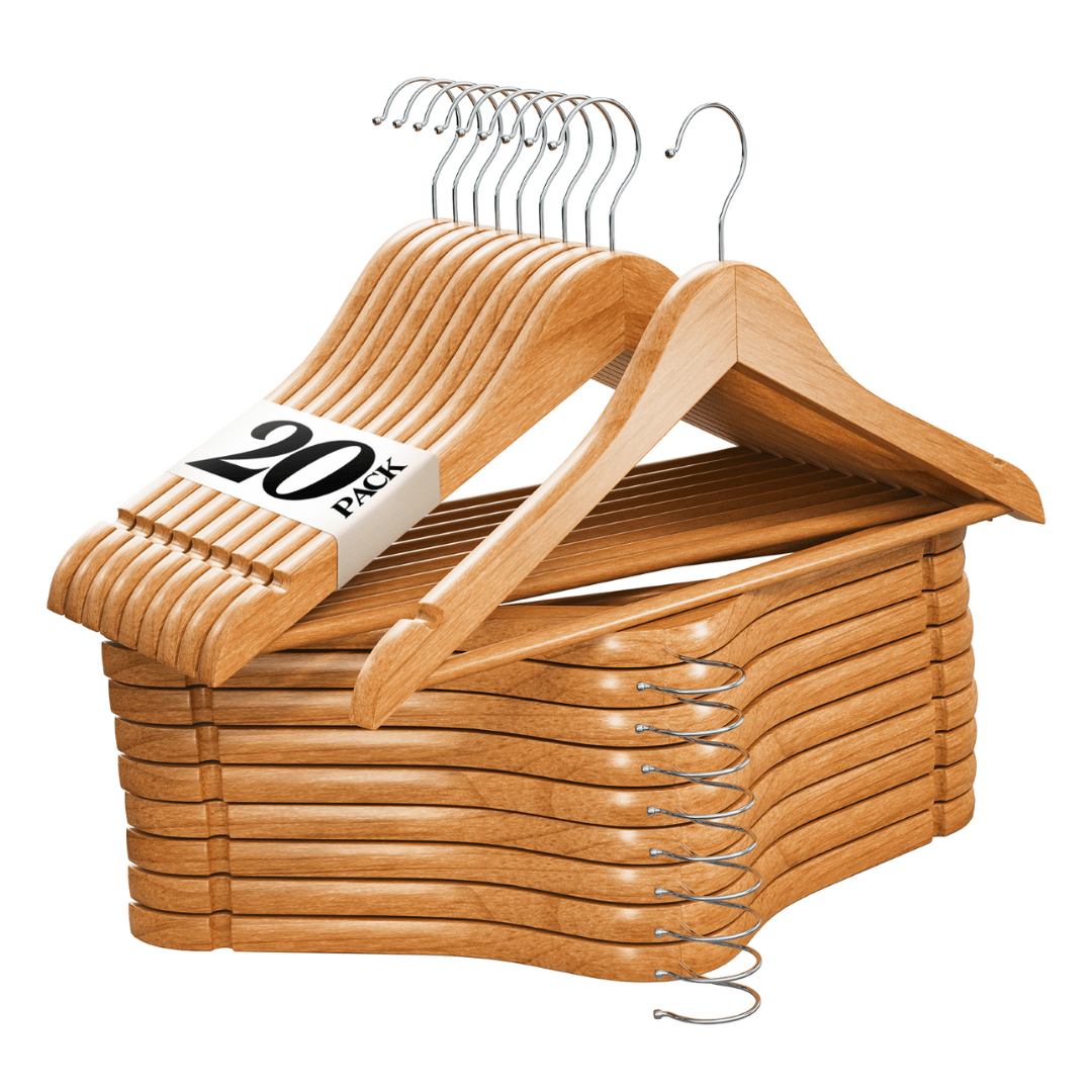 

Premium Wooden Hangers 20-30 Pack - Durable Non Hangers Heavy Duty- Natural Solid Wood Hangers - Clothes Hangers With Chrome Swivel Hooks - Great For Jacket, Dress, Suit Hangers