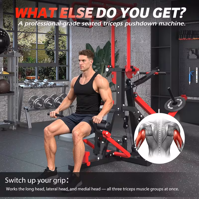 3 in 1 lat pull down seated row tricep machine back workout plate loaded machine lat tower with cable row attachment home gym pulley system machine Product details 3