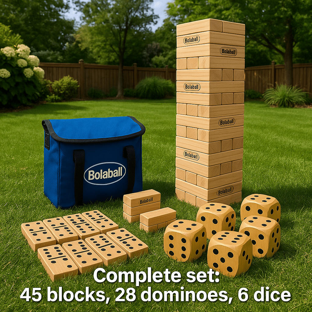   3 in 1 game set 45 pieces large tumbling blocks 28 giant dominoes and 6 giant dice indoor outdoor game combo set for   with carry bag