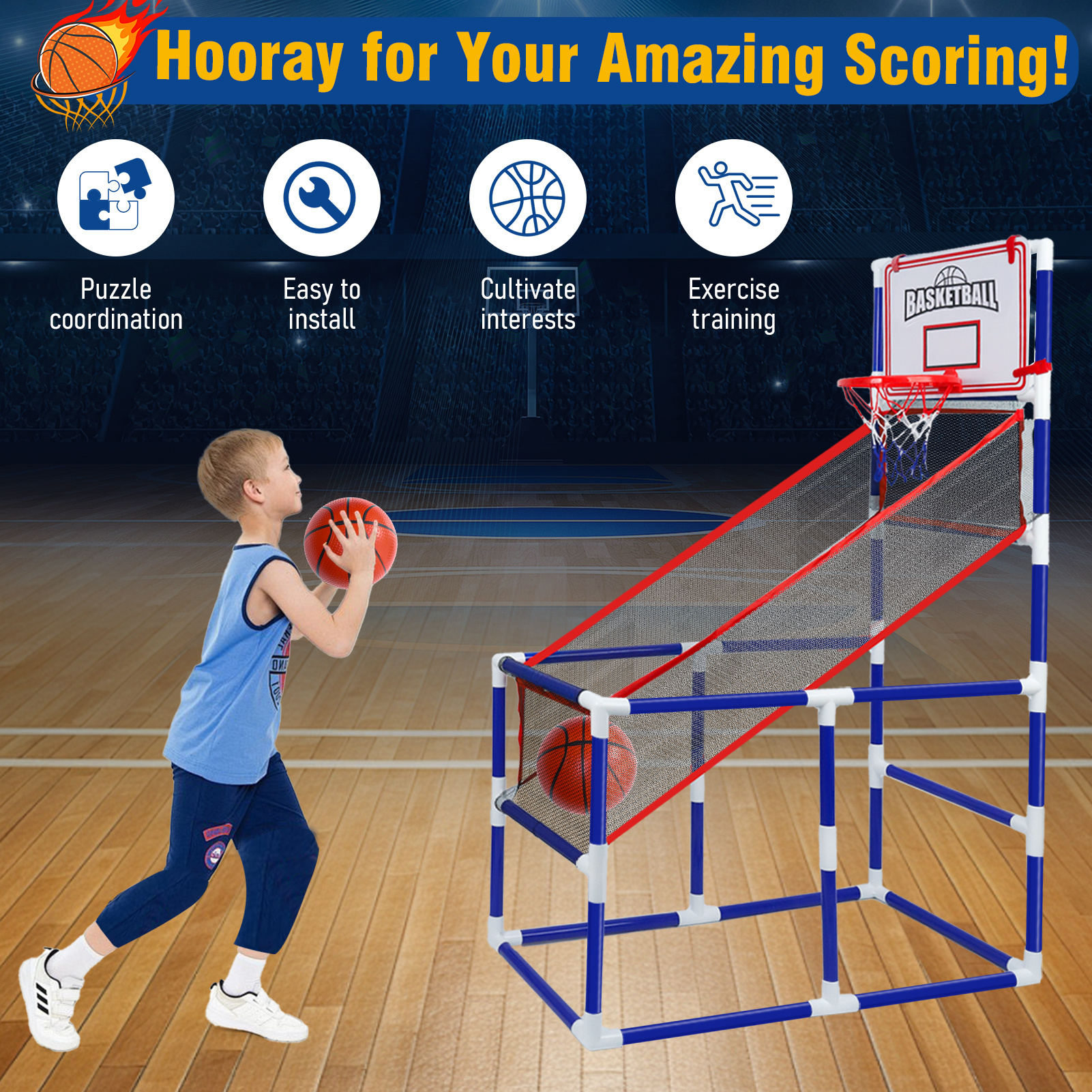Adjustable Kids Basketball Game Set with 2 Balls and Storage, Indoor and Outdoor Toy Hoop for Ages 3 and Up, Blue PVC