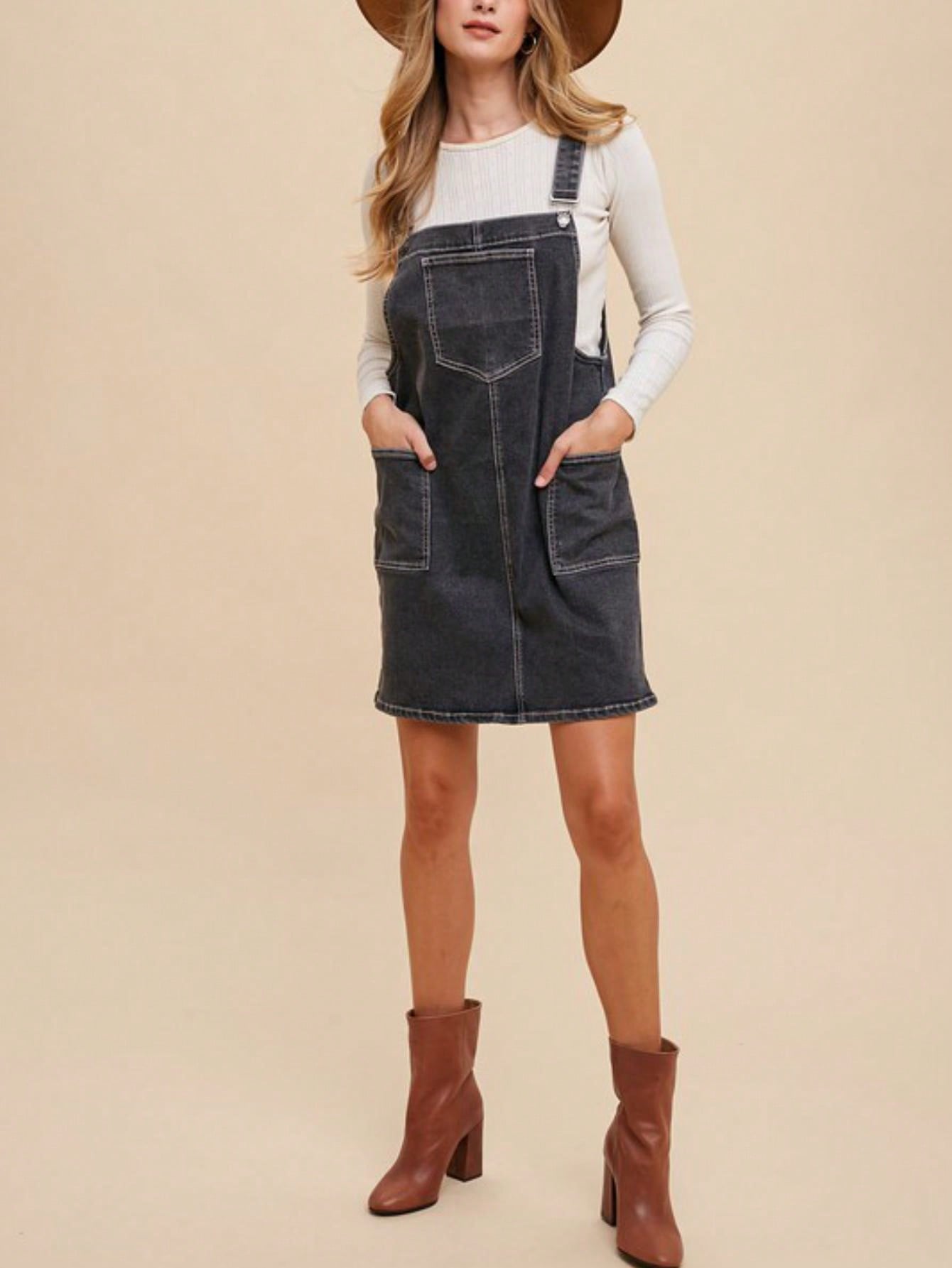 womens casual denim overall chic utility pinafore dress washed black above  knee length adjustable straps classic square neckline versatile daily wear  | Shop Now For Limited-time Deals | Temu