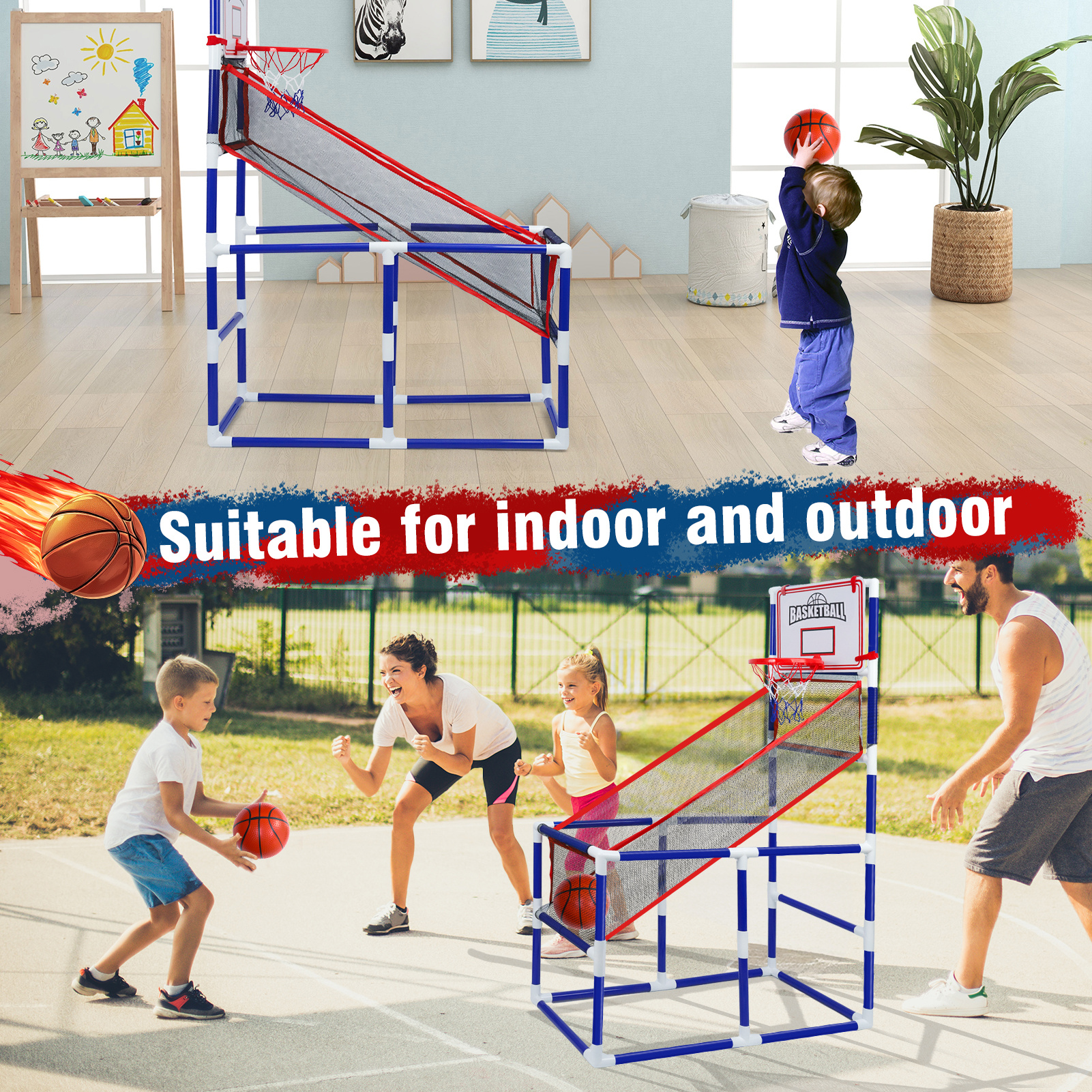 Adjustable Kids Basketball Game Set with 2 Balls and Storage, Indoor and Outdoor Toy Hoop for Ages 3 and Up, Blue PVC