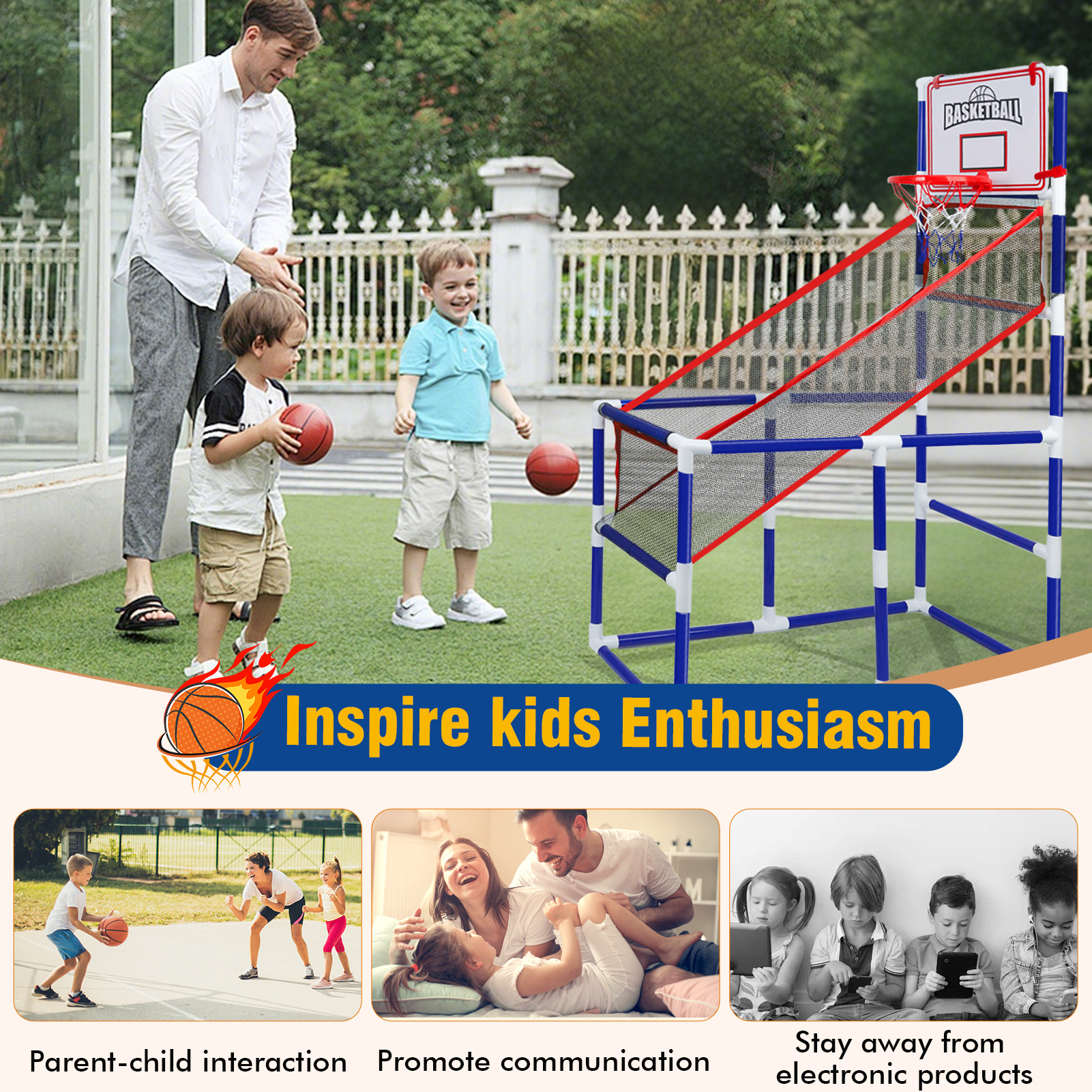 Adjustable Kids Basketball Game Set with 2 Balls and Storage, Indoor and Outdoor Toy Hoop for Ages 3 and Up, Blue PVC