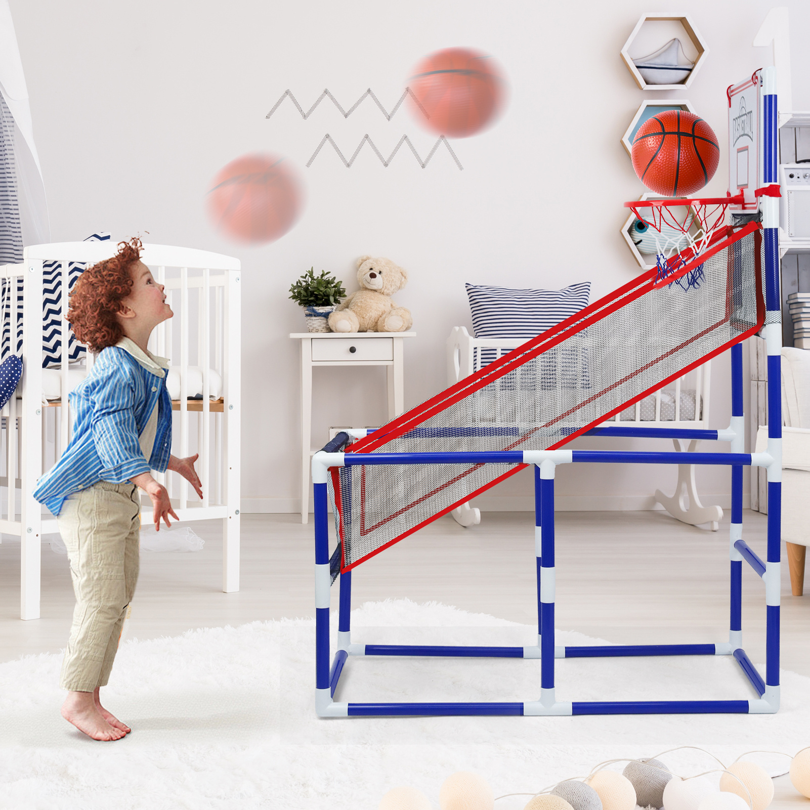 Adjustable Kids Basketball Game Set with 2 Balls and Storage, Indoor and Outdoor Toy Hoop for Ages 3 and Up, Blue PVC