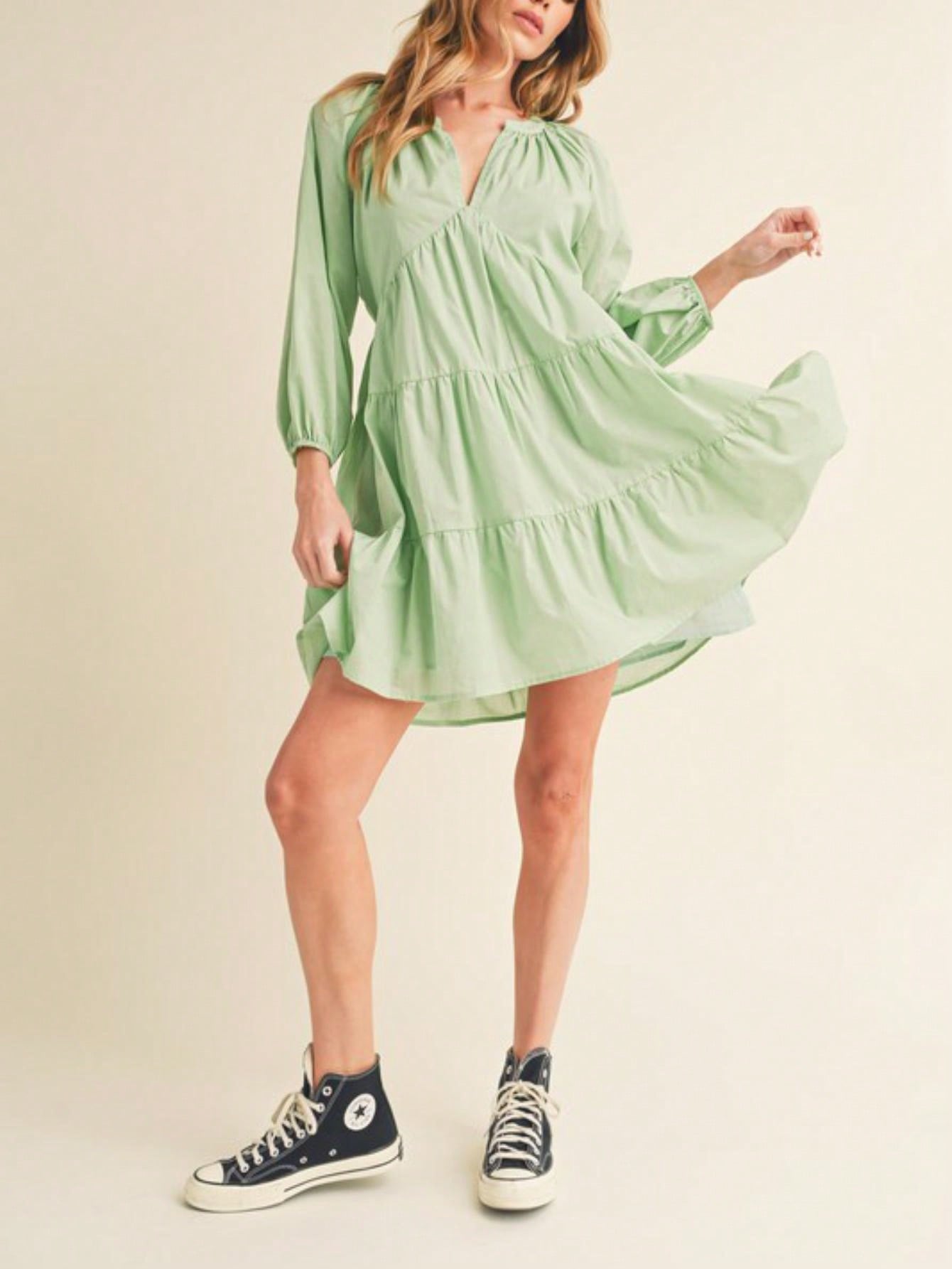 women's babydoll dress with ruffle flutter sleeves & tiered hem - light  sage green textured crinkle fabric knee-length round neck loose flowy fit  for beach vacation, spring summer daily wear, beach dresses -