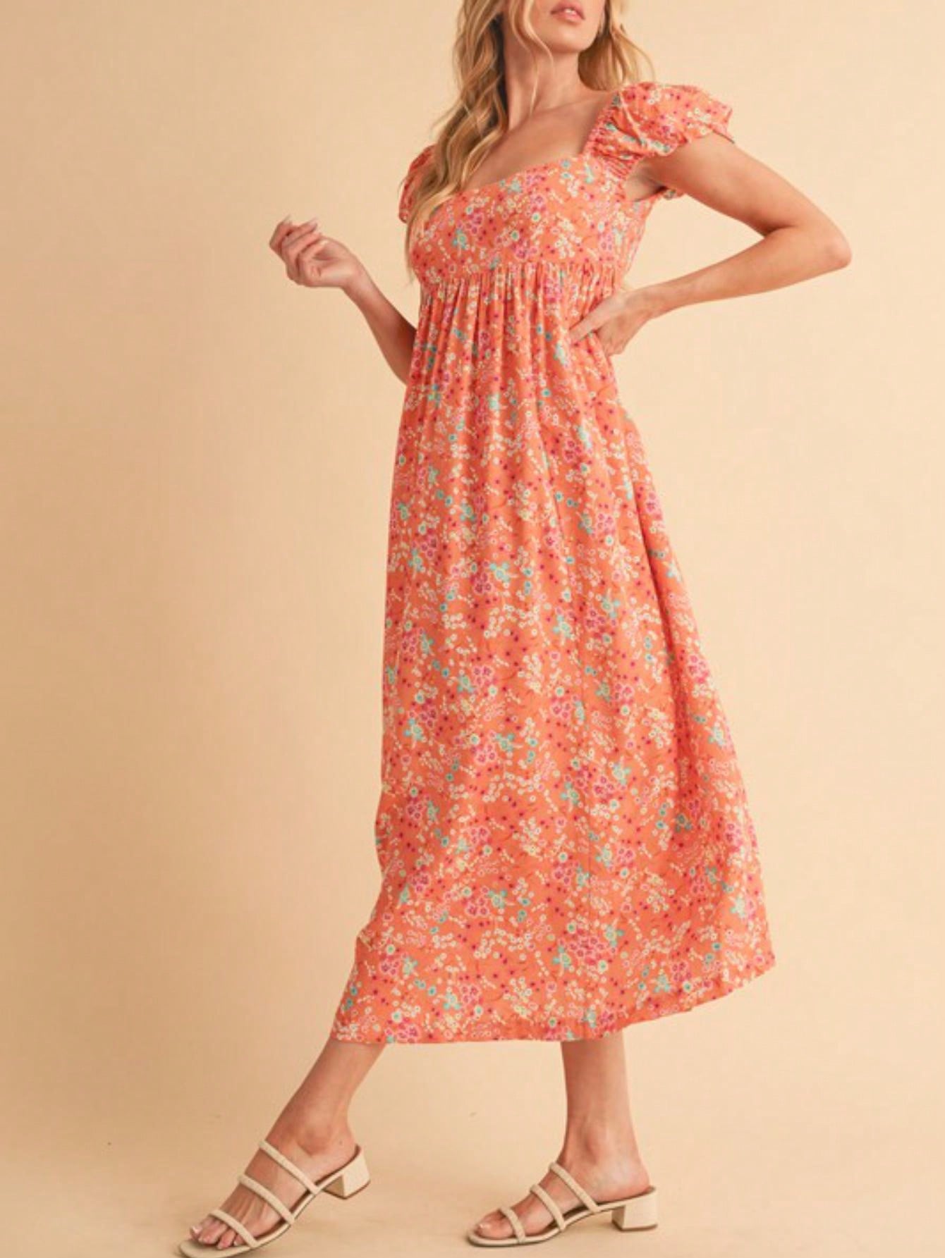 womens casual floral romantic chic puff sleeve empire waist - Temu