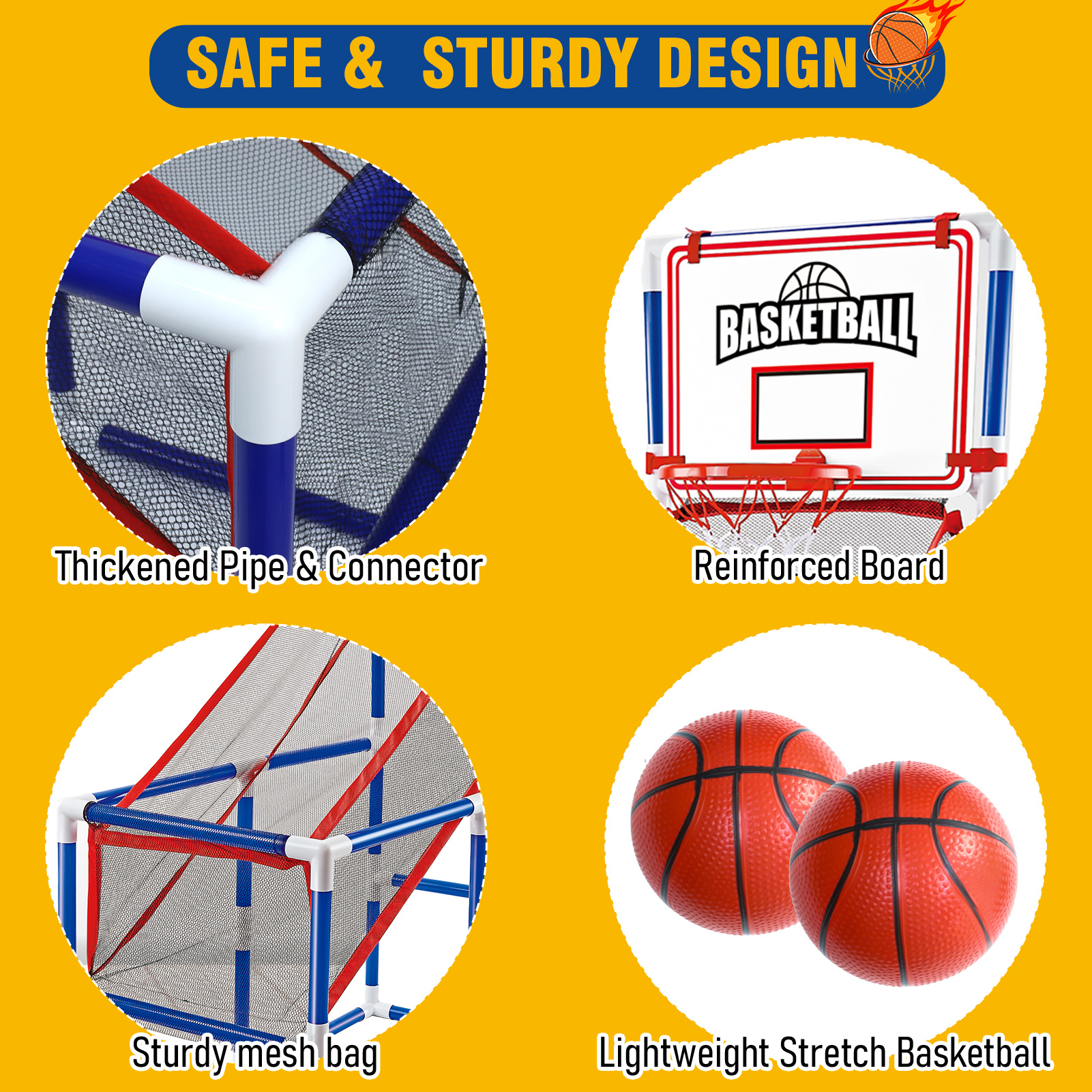 Adjustable Kids Basketball Game Set with 2 Balls and Storage, Indoor and Outdoor Toy Hoop for Ages 3 and Up, Blue PVC