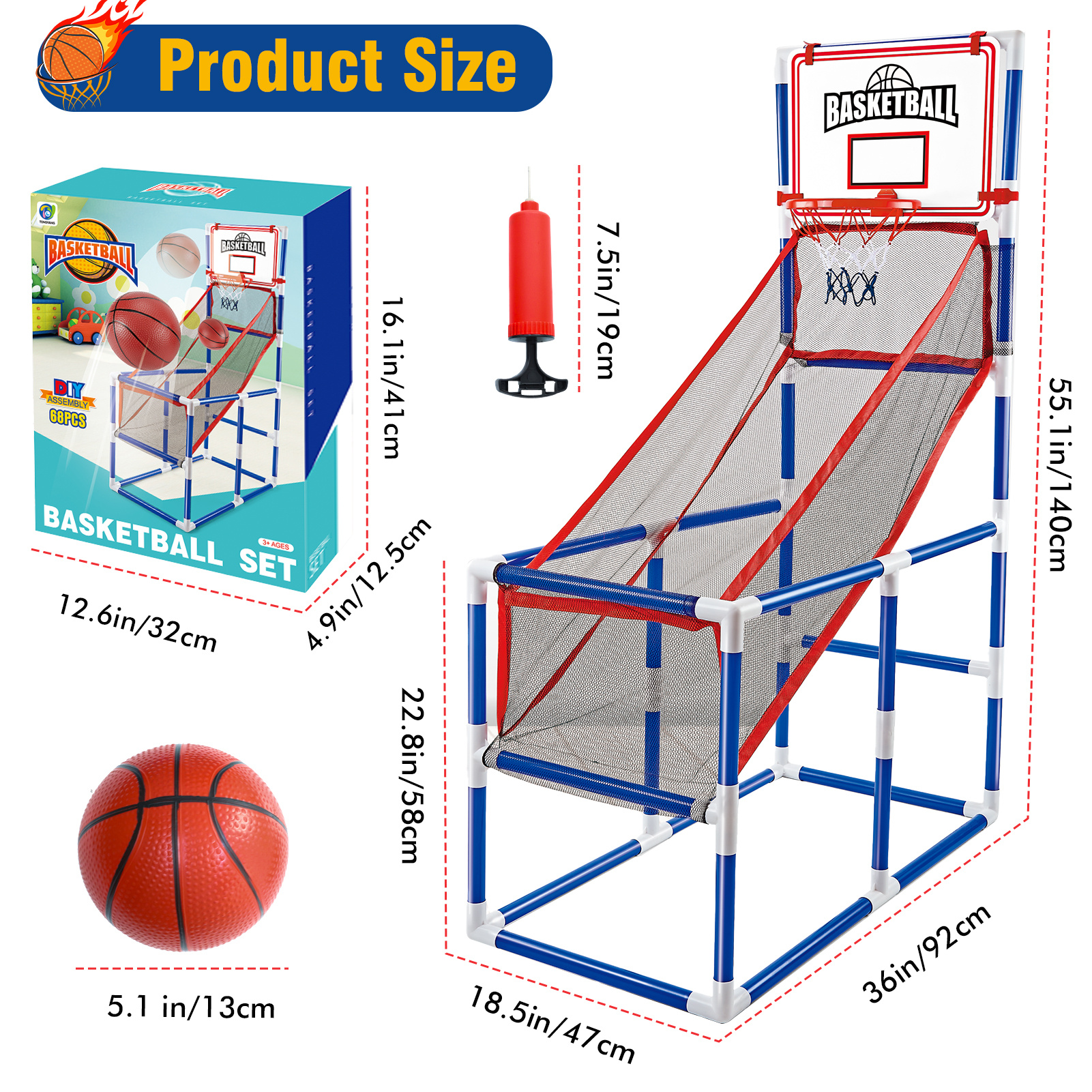 Adjustable Kids Basketball Game Set with 2 Balls and Storage, Indoor and Outdoor Toy Hoop for Ages 3 and Up, Blue PVC