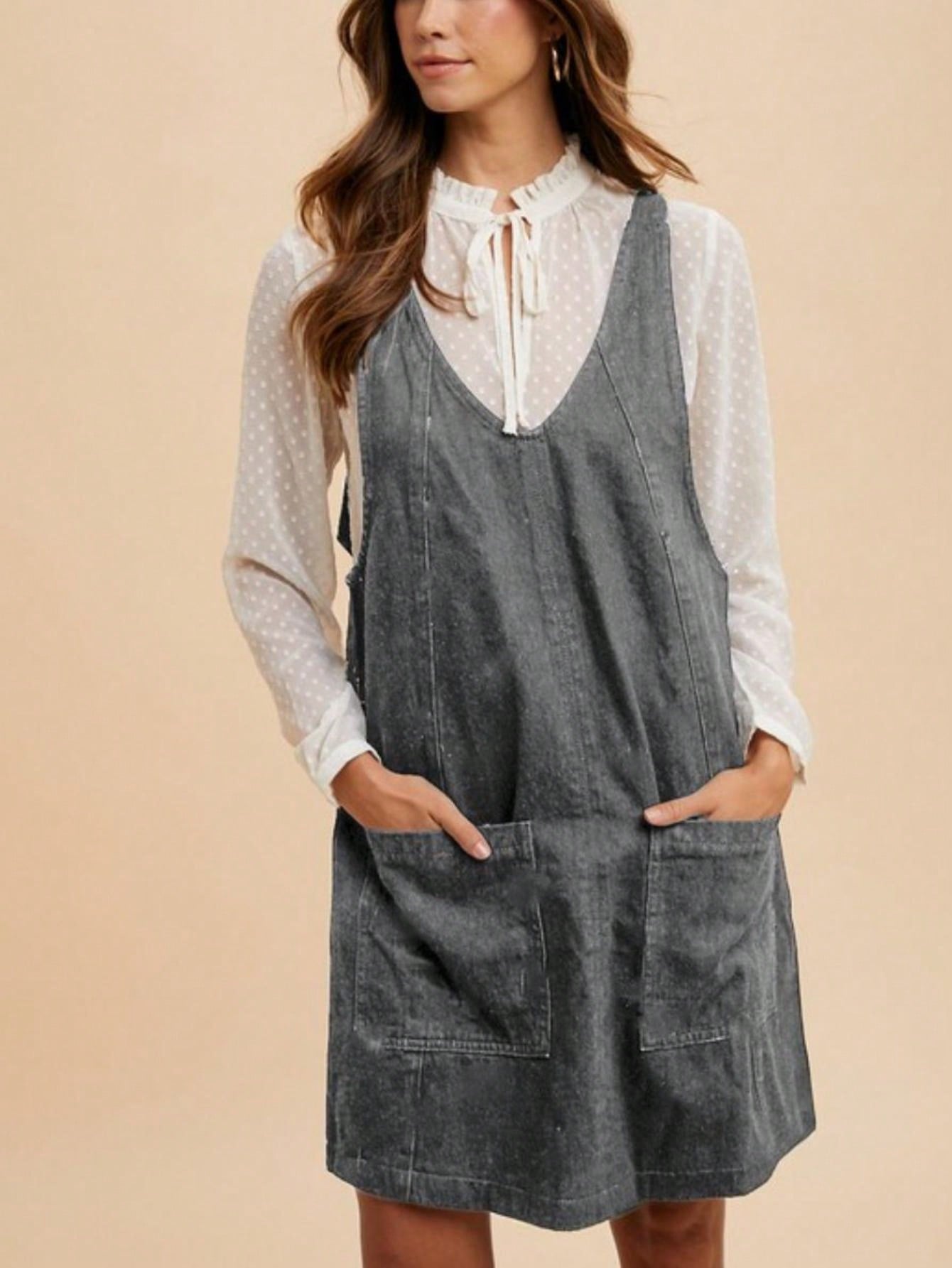 Womens Casual Denim Overall Chic Layered Design Pinafore Dress with Polka Dot Sheer Blouse Gray Vintage Wash Knee Length Deep V Neck Front Pocket womens casual denim overall chic layered design pinafore - Temu
