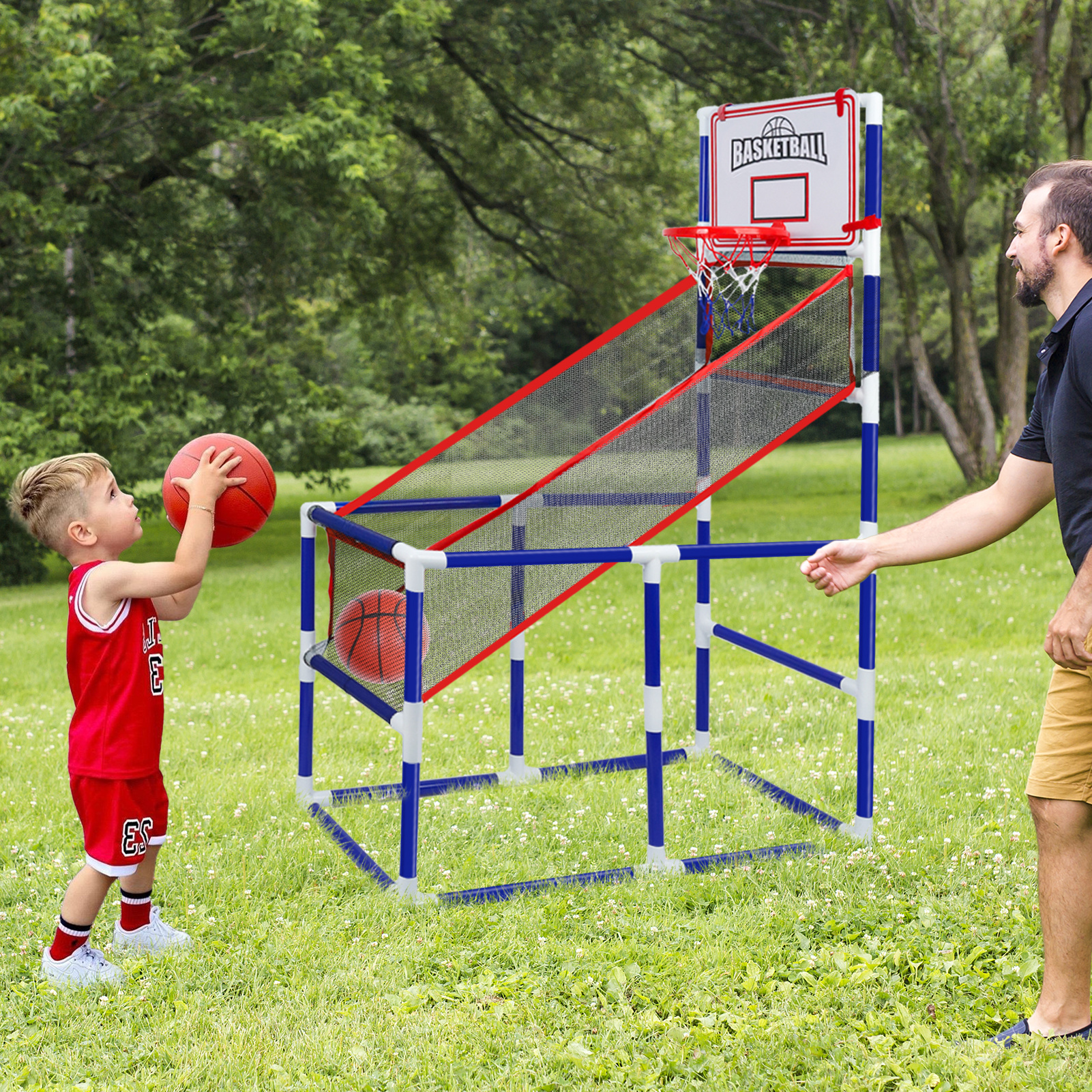 Adjustable Kids Basketball Game Set with 2 Balls and Storage, Indoor and Outdoor Toy Hoop for Ages 3 and Up, Blue PVC