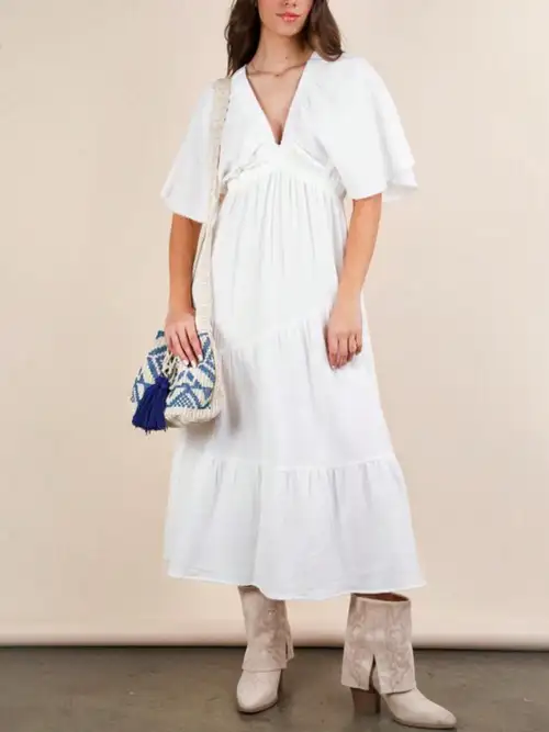 womens casual boho chic ruffle flutter sleeve tiered swing dress beige cream v neck drawstring empire waist loose fit summer beach vacation holiday midi length lightweight flowy relaxed | Shop Now For womens casual boho chic ruffle flutter sleeve tiered swing dress beige cream v neck drawstring empire waist loose fit summer beach vacation holiday midi length lightweight flowy relaxed | Shop Now For