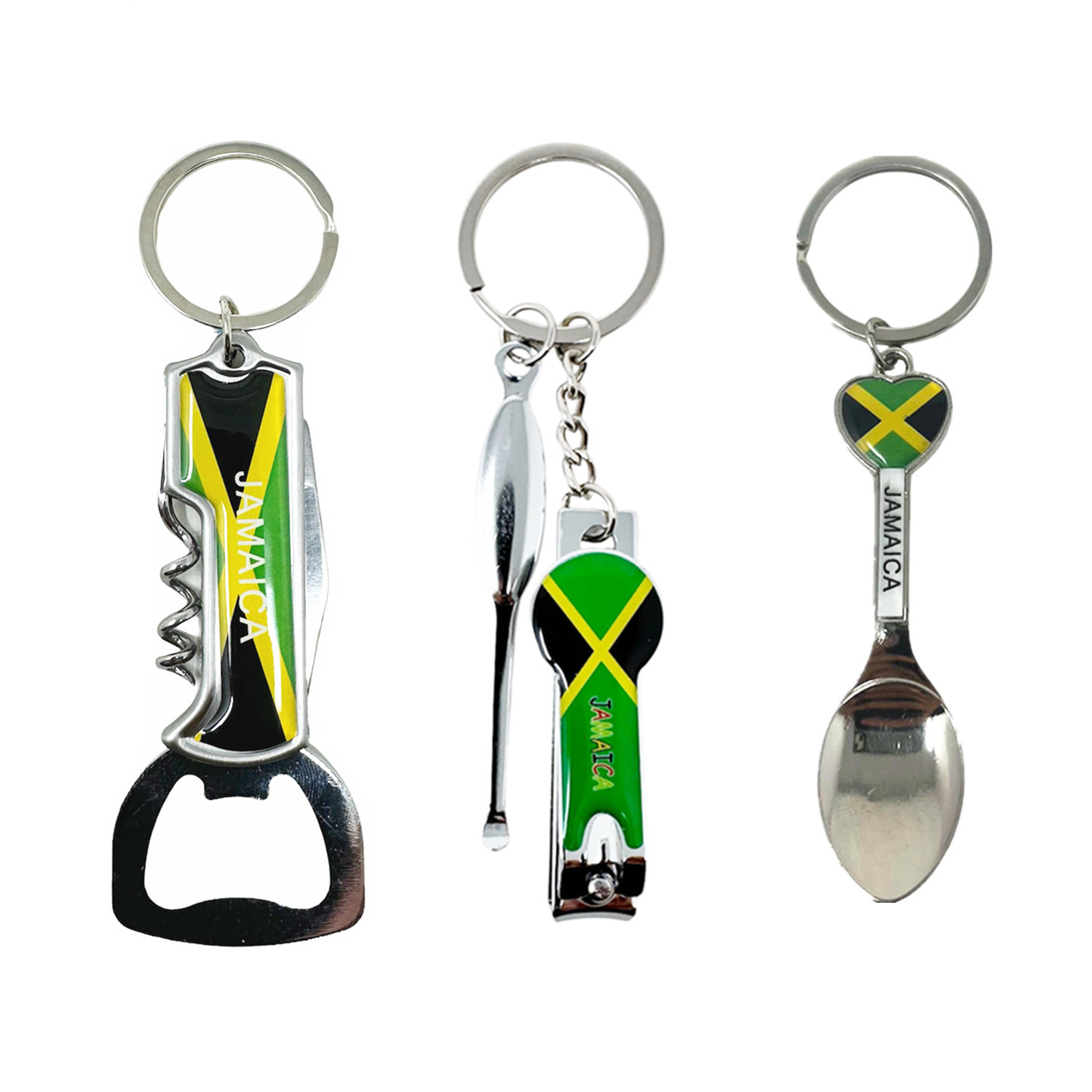 TEMU 3 Pack Jamaica Keychains Country Metal Keychain, 2 Bottle Opener, Spoon, Corkscrew & Blade, Patriotic Souvenir Keychains, Car Keys, Gift, Bulk
