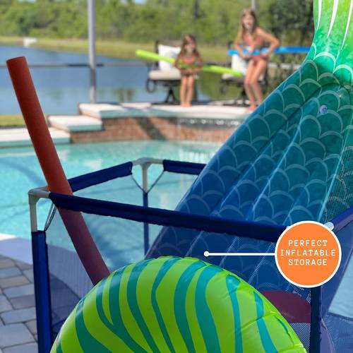 pool storage bin pool toy storage cart durable uv resistant fabric resists fading and medium size 36 x 36 x 24 bonus mesh bag included teal