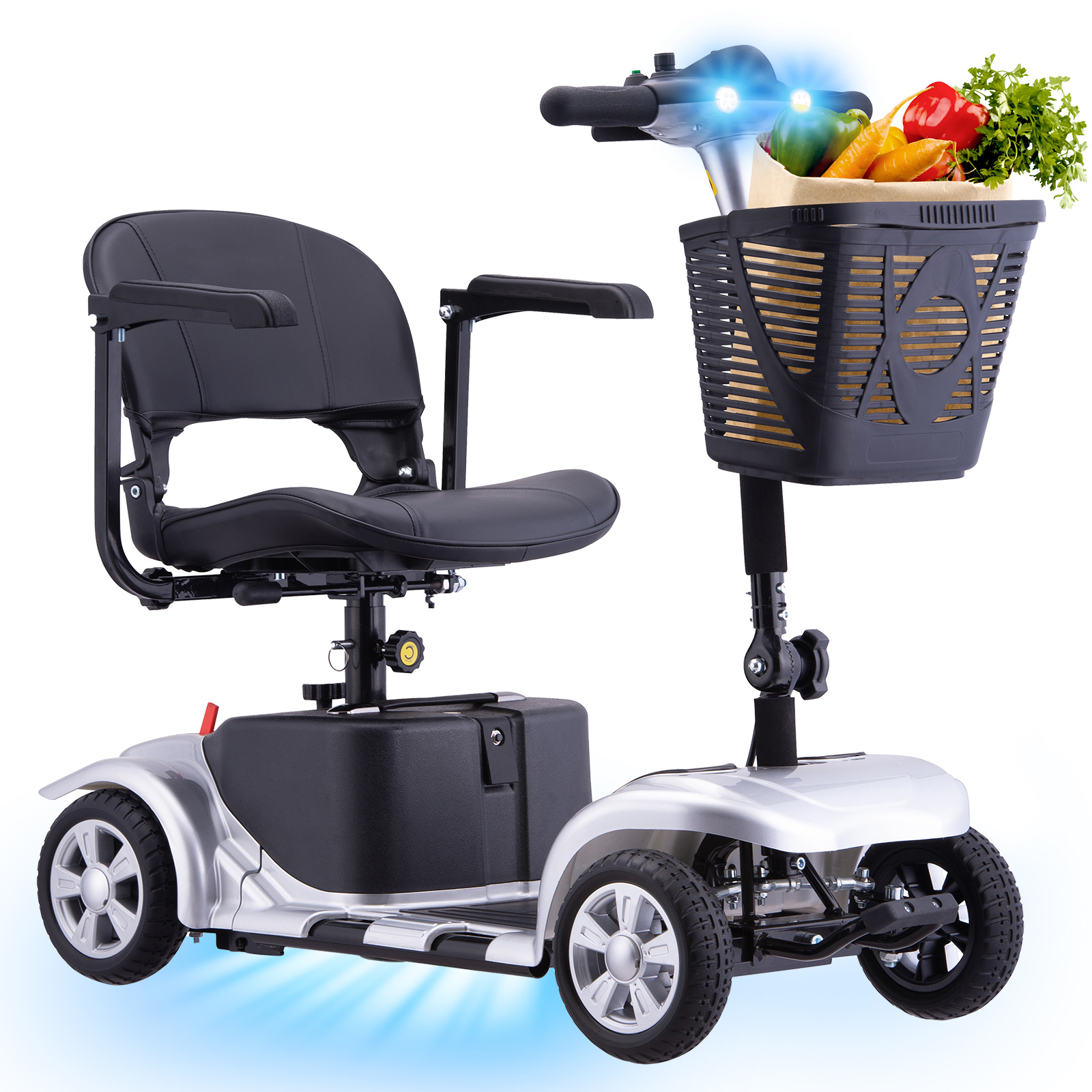 Comfortable & Convenient 10 Miles Long Range 4 Wheel Electric Mobility Scooter w/180W Motor for Seniors, Assemble Required, Up to 300Lbs Capacity, SILVER with Baskets