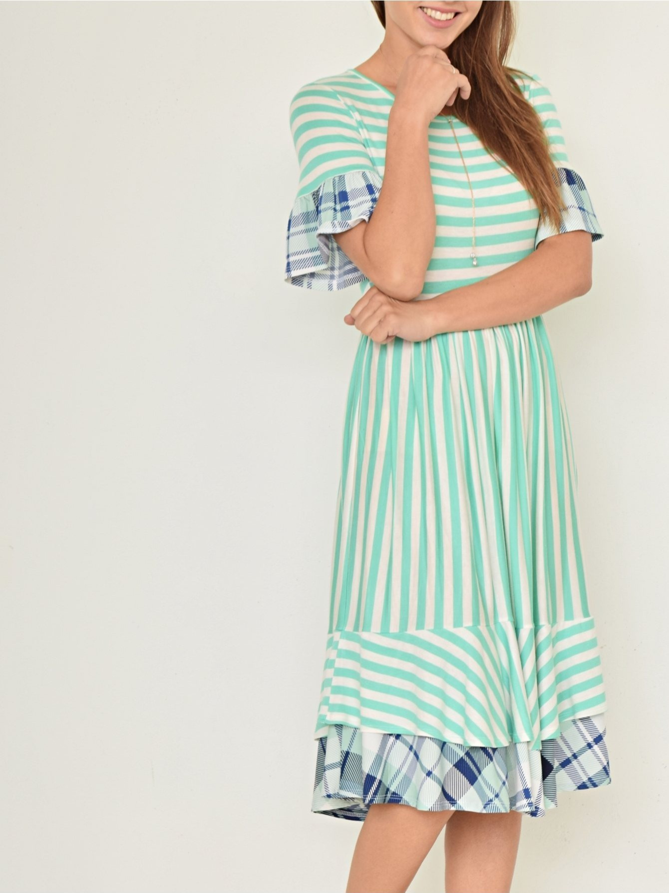 Boho Vintage Sage Pink Stripe Mint Green Ditsy Floral Tiered Ruffle Trim  Midi Swing Southern Dress S-3X