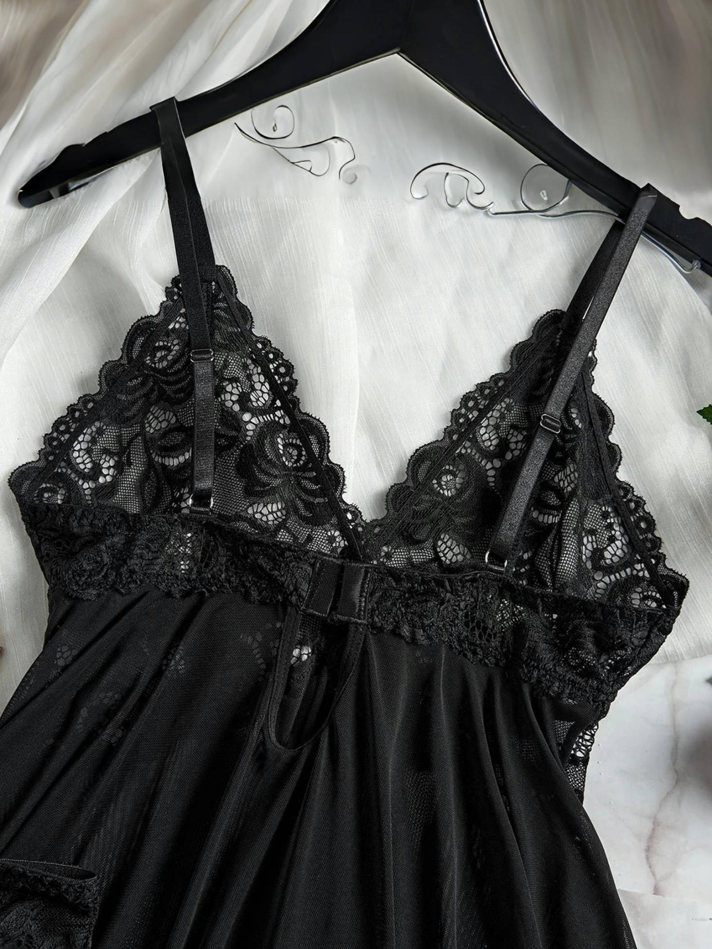 2pcs V-Neck * Hot Contrast Lace Mesh Chemise Babydoll * Lingerie Dress Set  Nightwear Nightgown * Polyester Slip Dress Skimpy Clothe