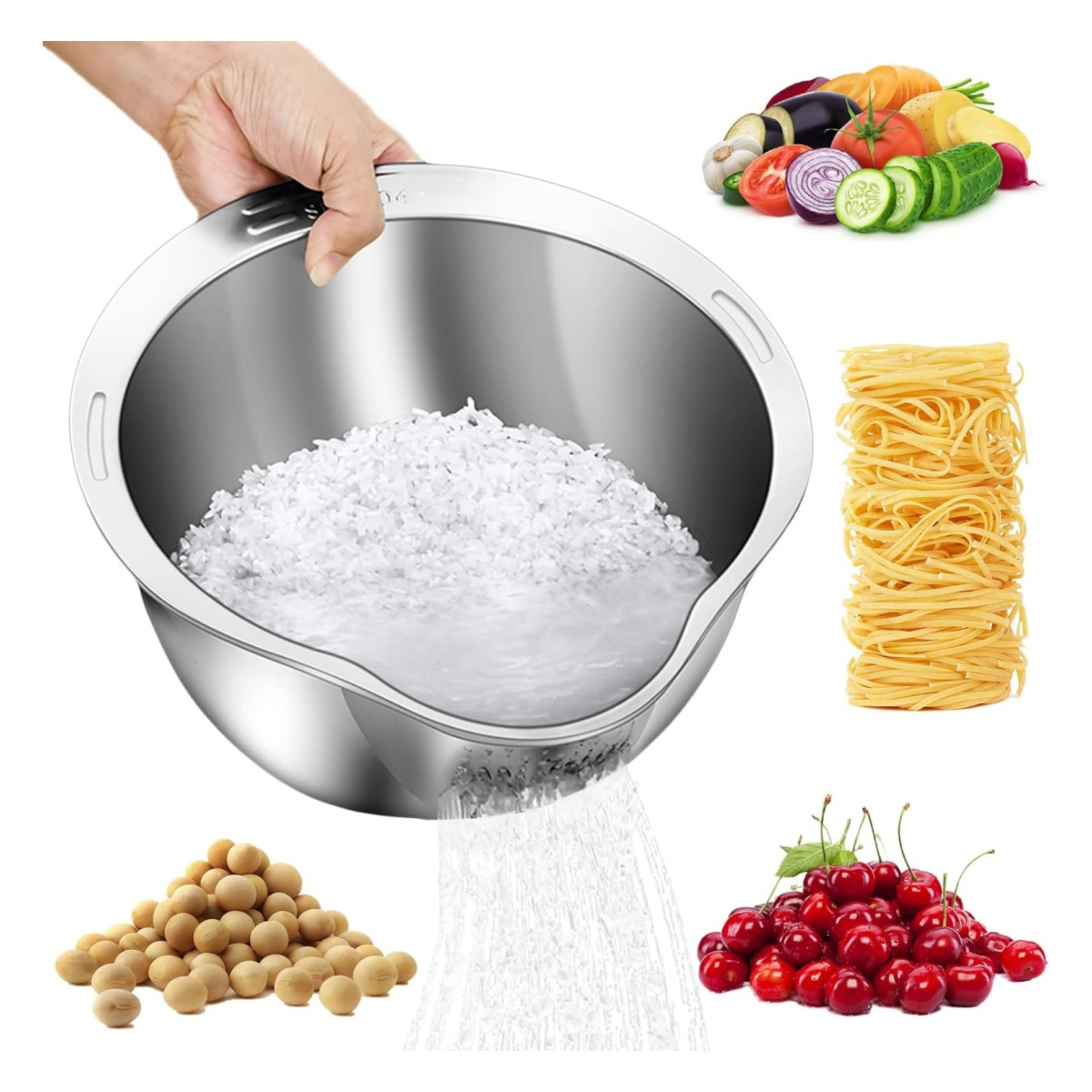 TEMU Rice Washer Strainer Bowl - Washing Bowl For , Stainless Steel Rinser With Side Drainers Small Colander For Cleaning Fruits, Vegetables, And Beans - Versatile Kitchen Tool