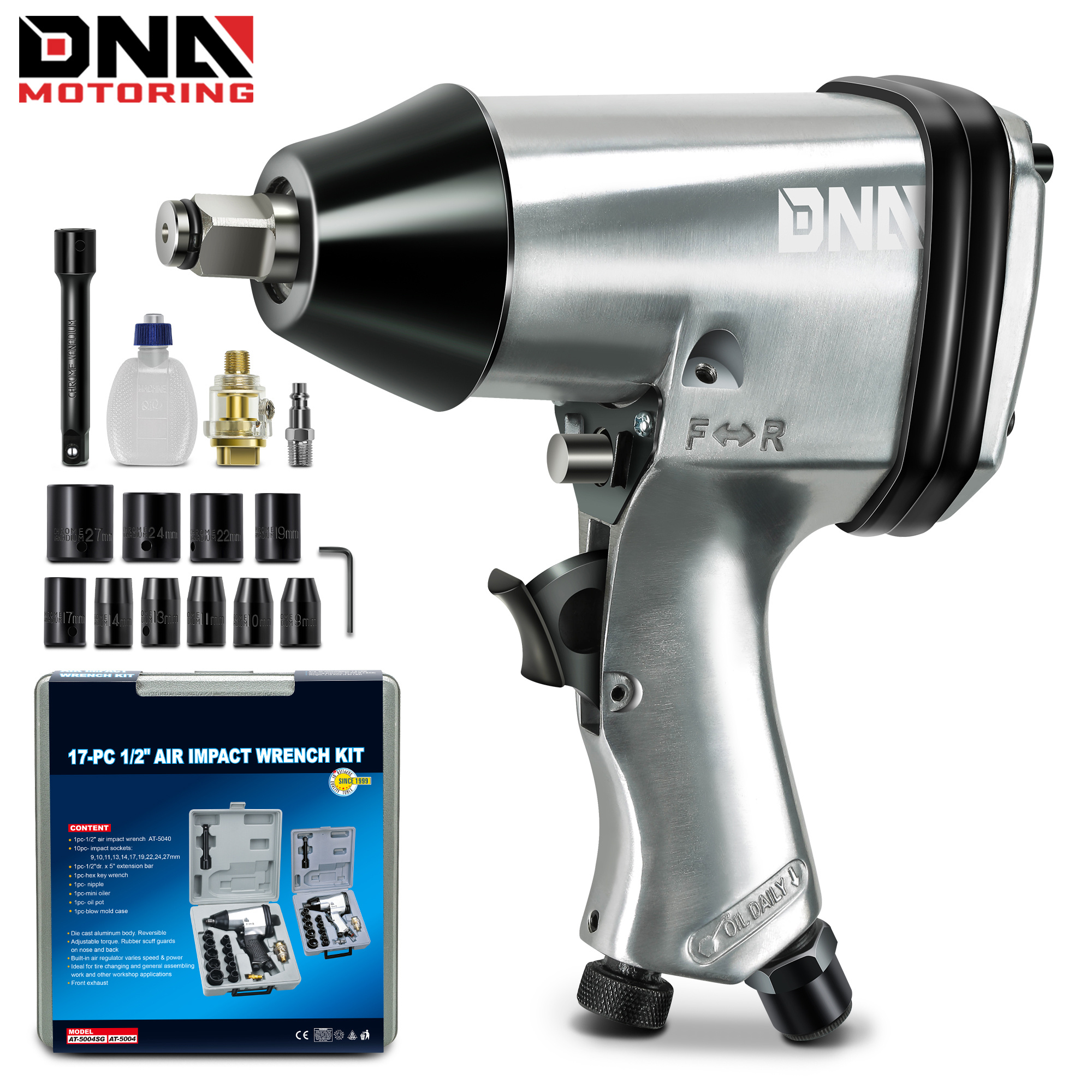 17pc 1/2-inch Heavy Duty Tool Kit Air Impact Wrench 250 Ft.-lb / 340 N. Pneumatic Impact Gun, W/ Case, / Black