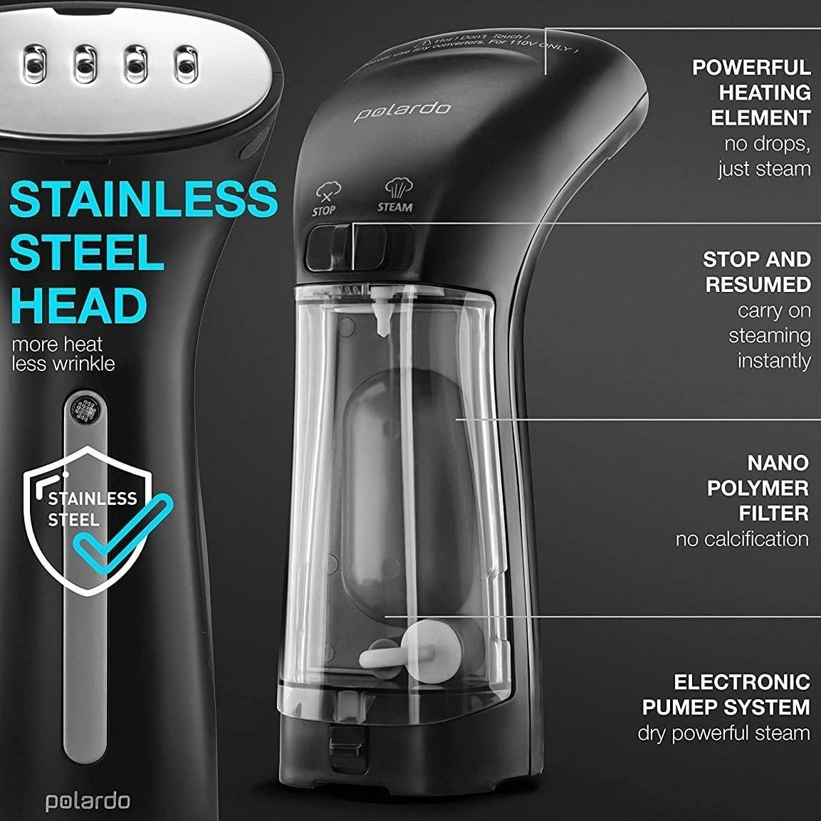 2-in-1 Travel Clothes Steamer & Iron | 1100W Portable Handheld Steamer, 3 Steam Levels, Fast Heat-Up, 125ml Tank