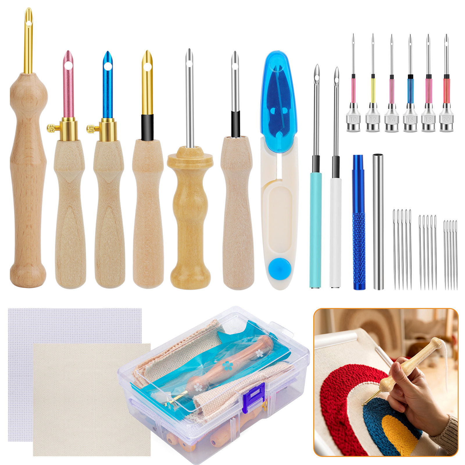 TEMU 35pcs Diy Punch Needle Embroidery Set, Adjustable Sewing Tool Kit With Storage Box, Needles, Threader, Scissors And More, Beginner-friendly Handcraft For Sewing & Stitching